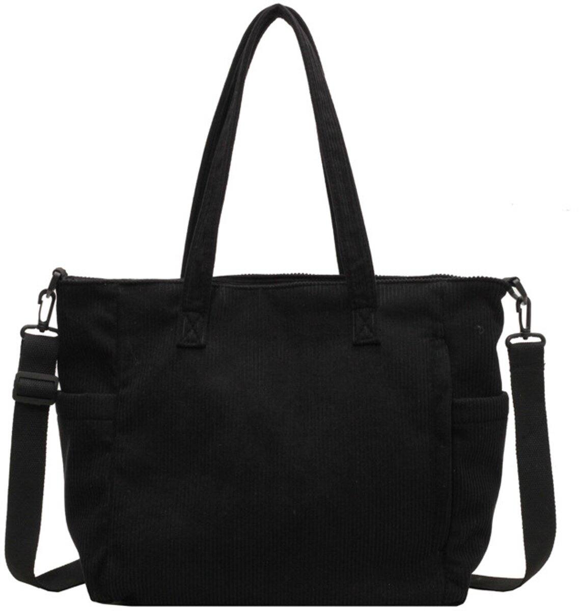 Front. Auledio - Corduroy Tote Bag, Women's Shoulder Bag Large, Handbag, Suitable for Work, Travel, School, 14 x 28 x 39 cm, Black - Black.