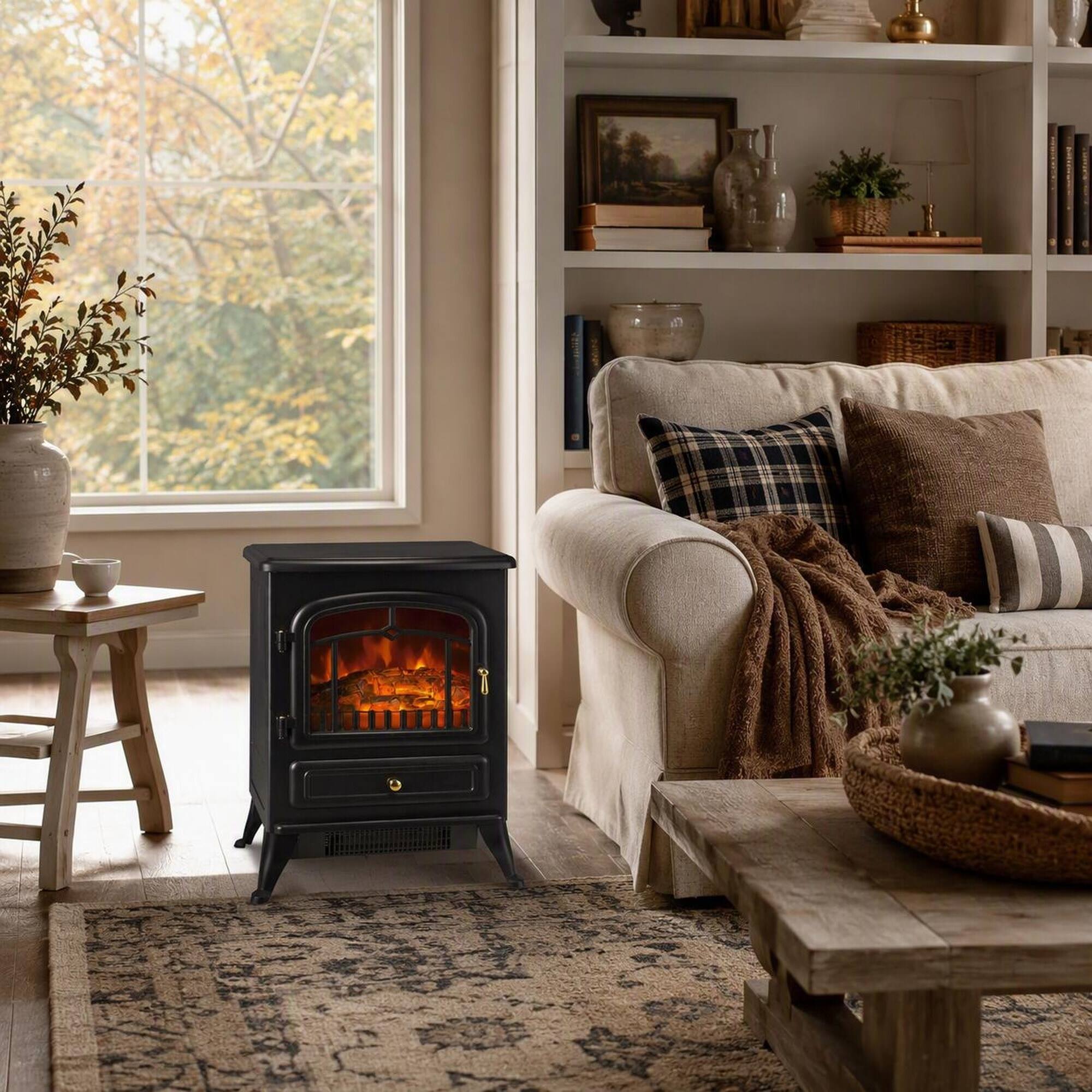 Angle. RYHNUYNE - 22-Inch Freestanding Electric Fireplace Heater with Realistic LED Flame & Log Set, 750/1500W Adjustable Heat - Black.