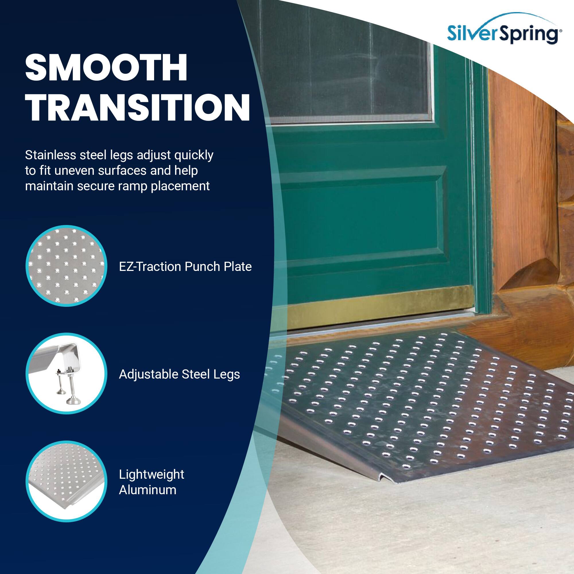 SMOOTH TRANSITION

SilverSpring

Stainless steel legs adjust quickly to fit uneven surfaces and help maintain secure ramp placement

EZ-Traction Punch Plate
Adjustable Steel Legs
Lightweight Aluminum