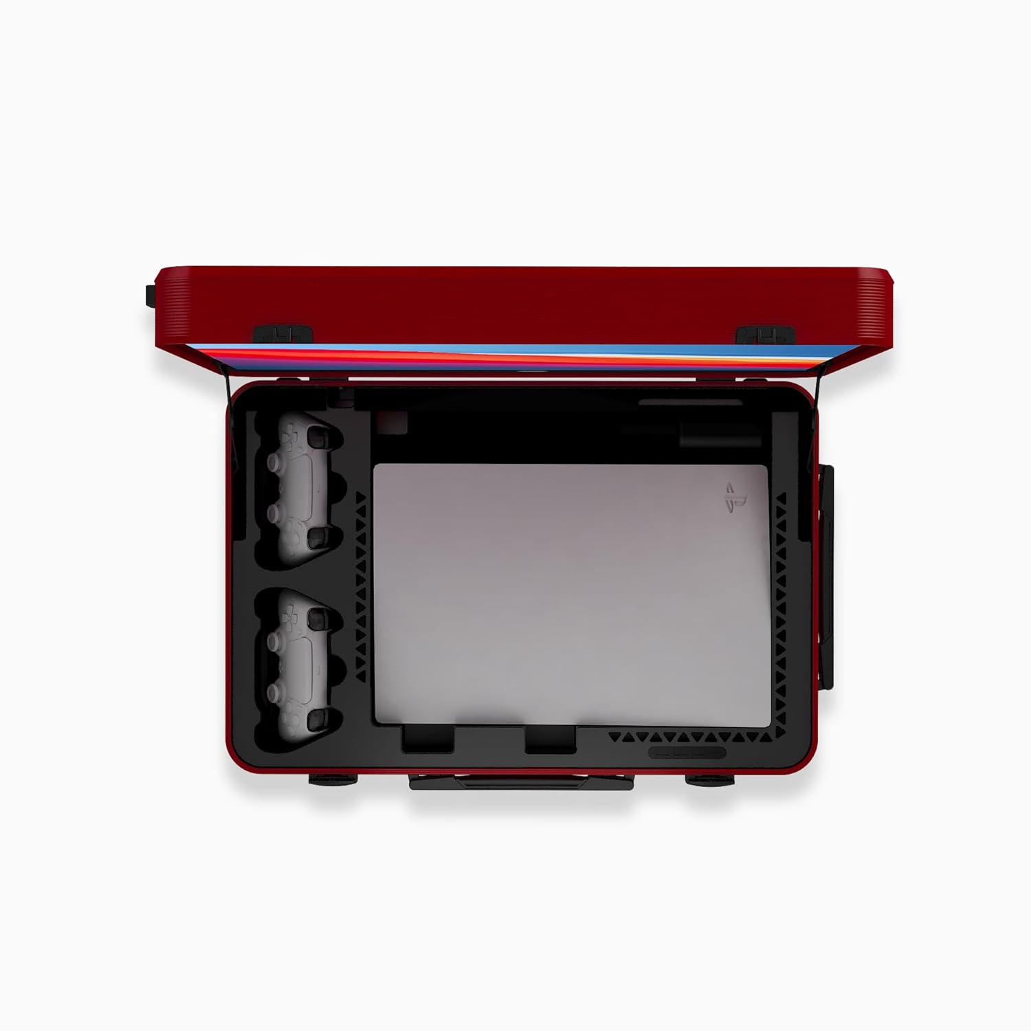 Angle. POGA - LUX PlayStation 5 Premium Portable Console Travel Case w/ Trolley and 24" AOC Gaming Monitor V3 - Red.