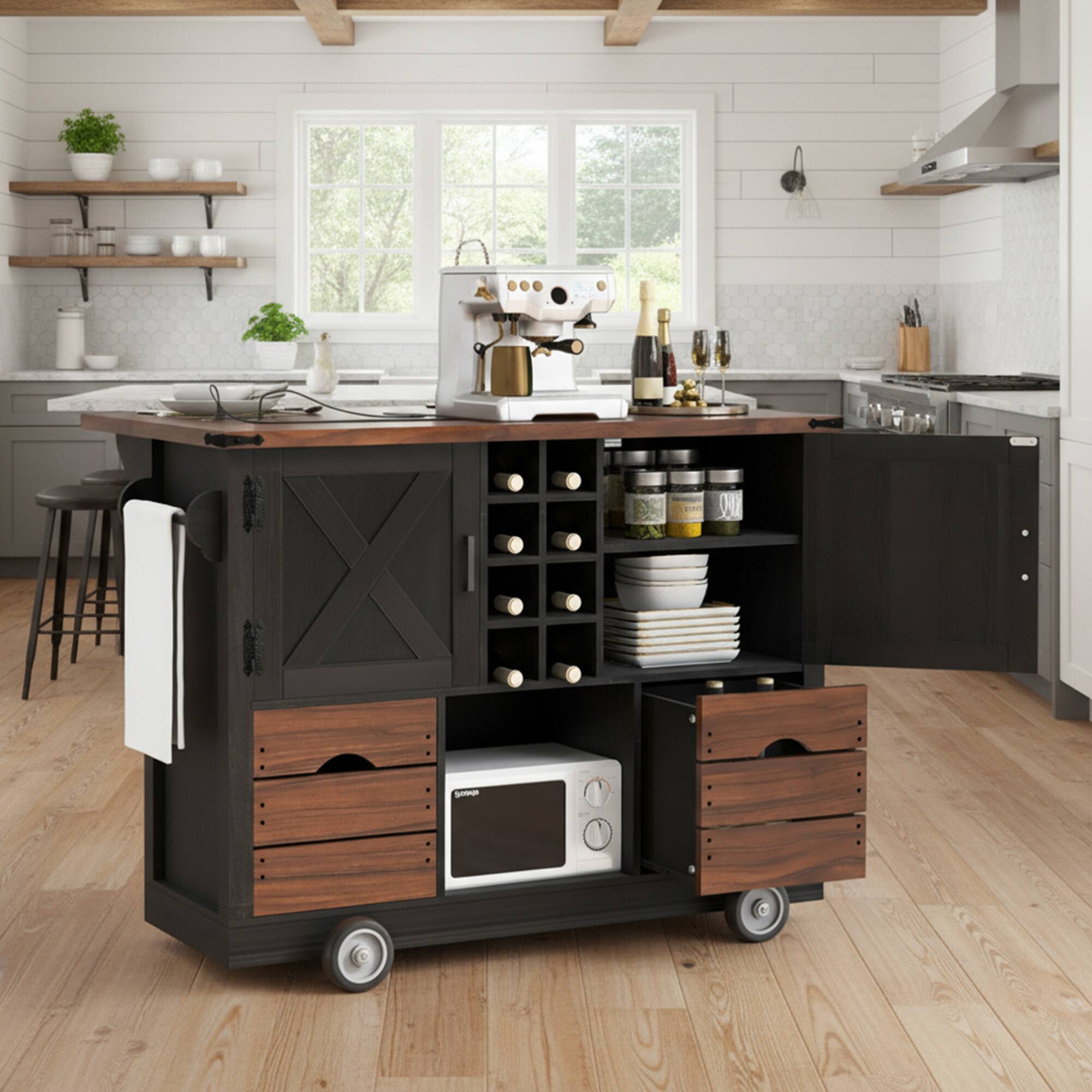 Front. ELEMENT ACE - Farmhouse Kitchen Island with Drop Leaf, Power Outlet, Storage Cart and Wheels - Black.