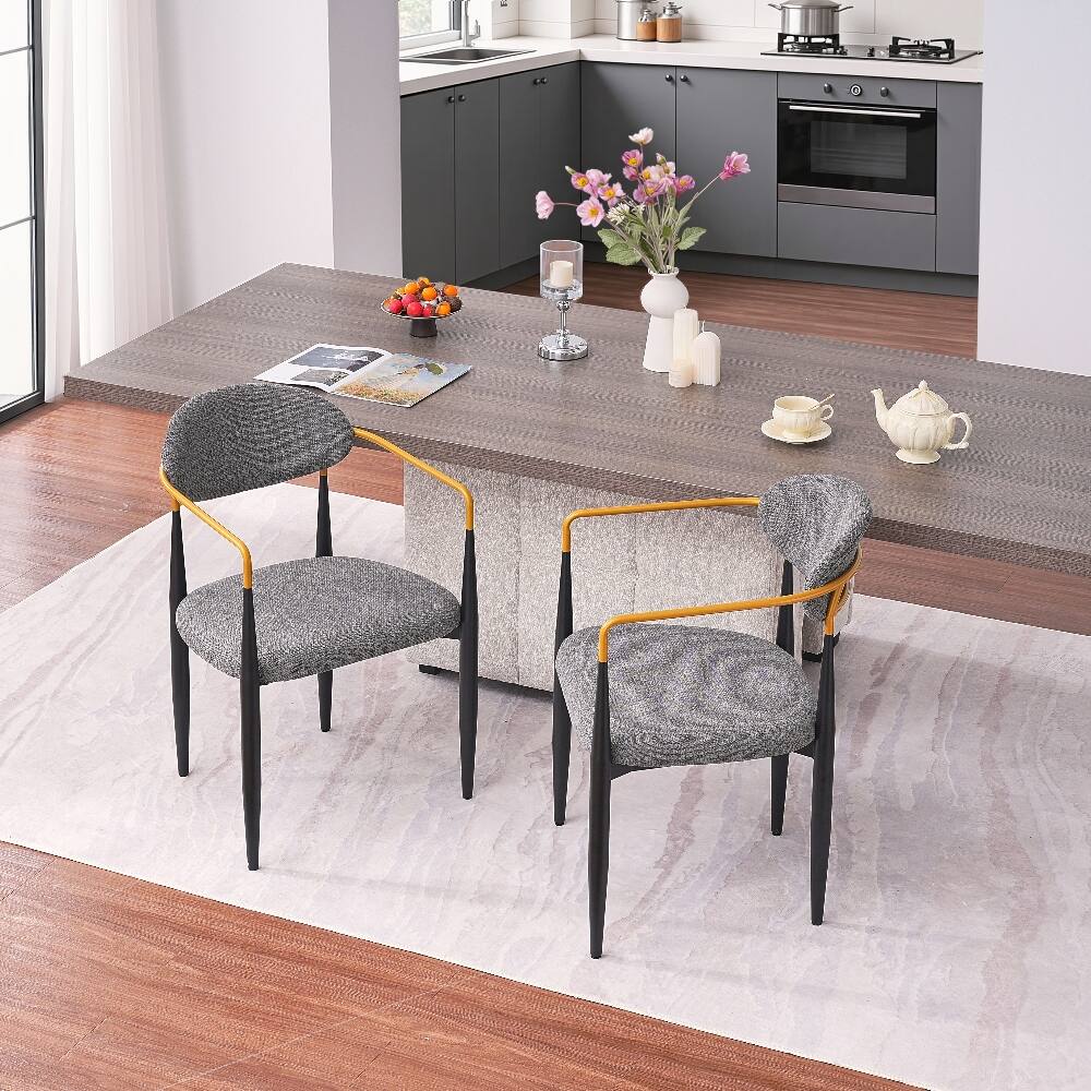 Back. Loheer - Loheer Modern Upholstered Dining Chairs Set of 2 Grey Fabric Ergonomic Seat Black Metal Frame Gold Armrests - Grey.