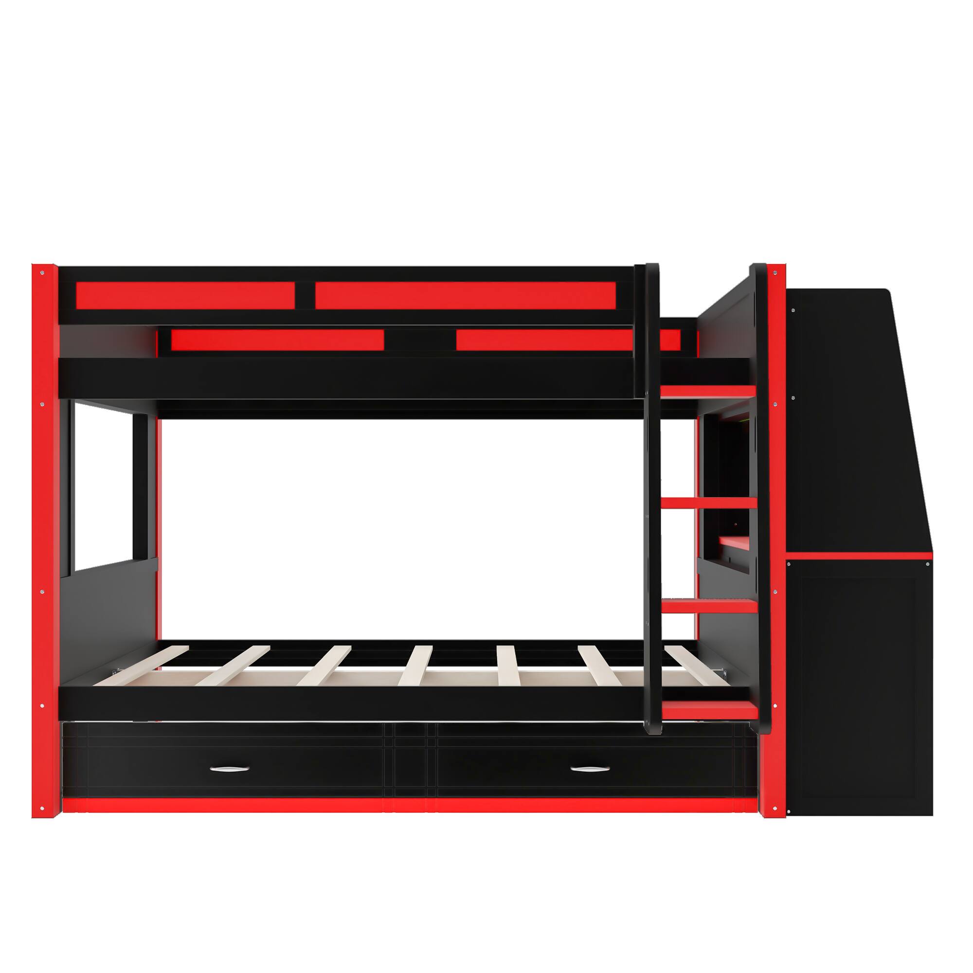 Back. Whisen - Full Size Multifunctional Bunk Bed with Trundle,LED Lights,Desk and Bookshelves-Red+Black - Black.