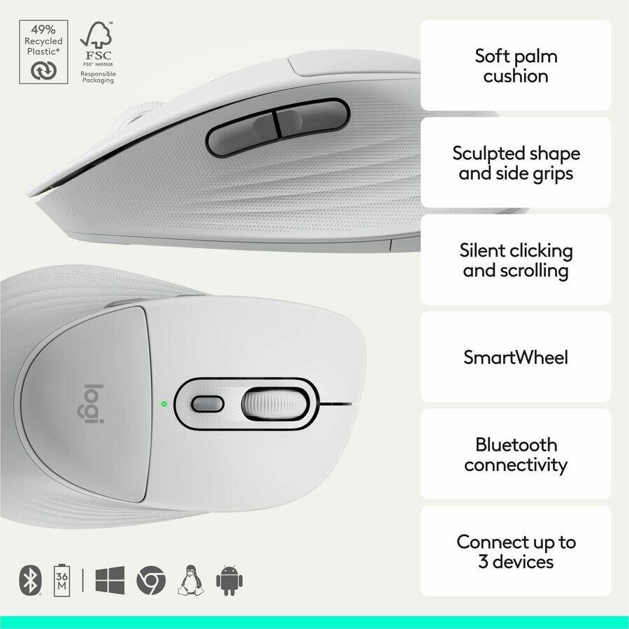 49% Recycled Plastic*  
FSC Responsible Packaging  

Soft palm cushion  
Sculpted shape and side grips  
Silent clicking and scrolling  
SmartWheel  
Bluetooth connectivity  
Connect up to 3 devices