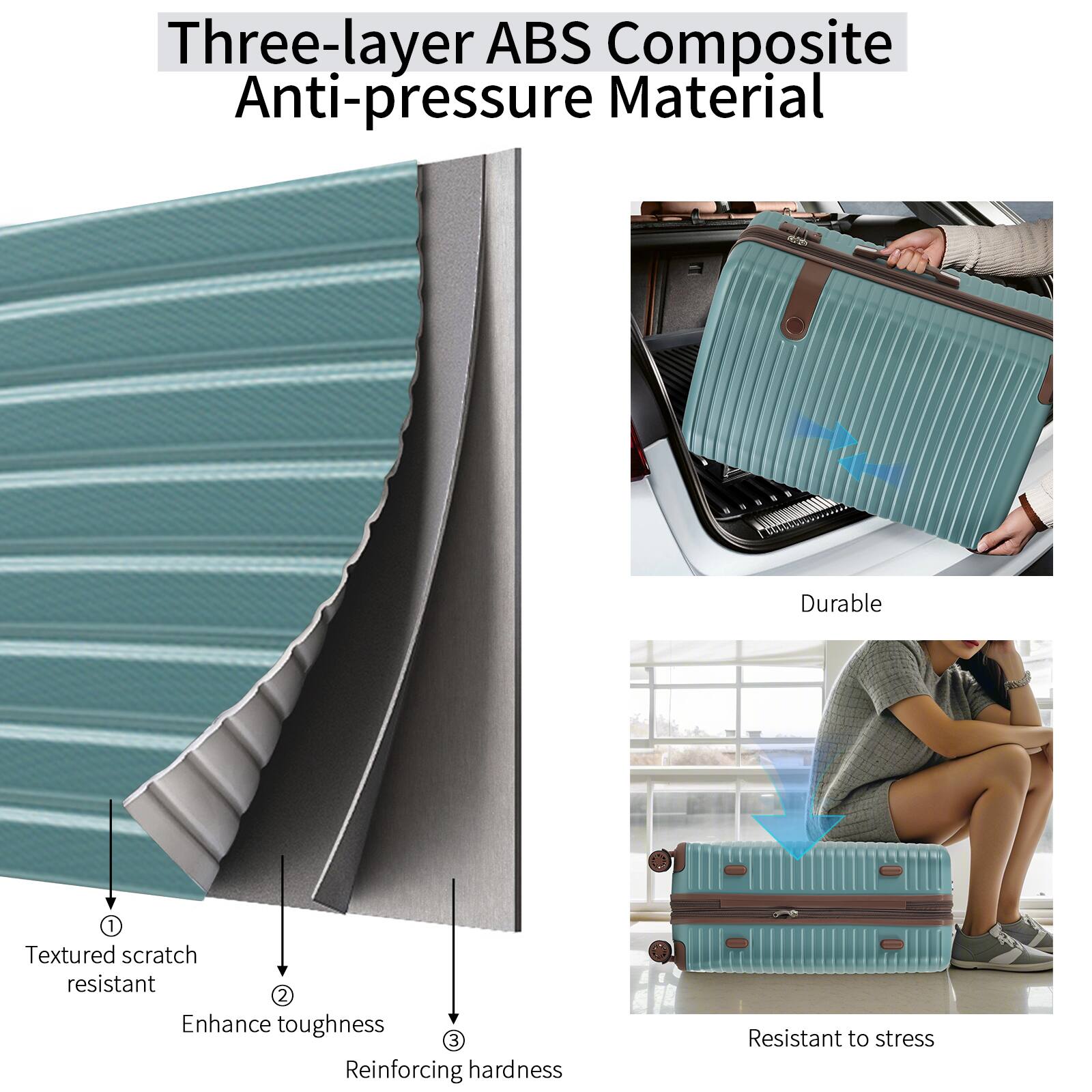Three-layer ABS Composite Anti-pressure Material

1. Textured scratch resistant
2. Enhance toughness
3. Reinforcing hardness

Durable

Resistant to stress