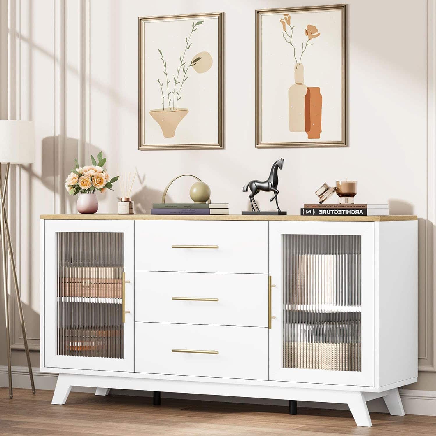 Jojoka - 56 Inch Modern Sideboard Buffet Cabinet with 3 Drawers Adjustable Shelves and Fluted Glass Doors in Wood Top - Off-white