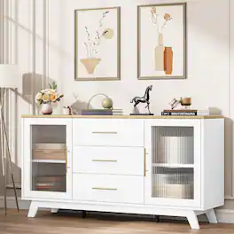 Jojoka - 56 Inch Modern Sideboard Buffet Cabinet with 3 Drawers Adjustable Shelves and Fluted Glass Doors in Wood Top - Off-white