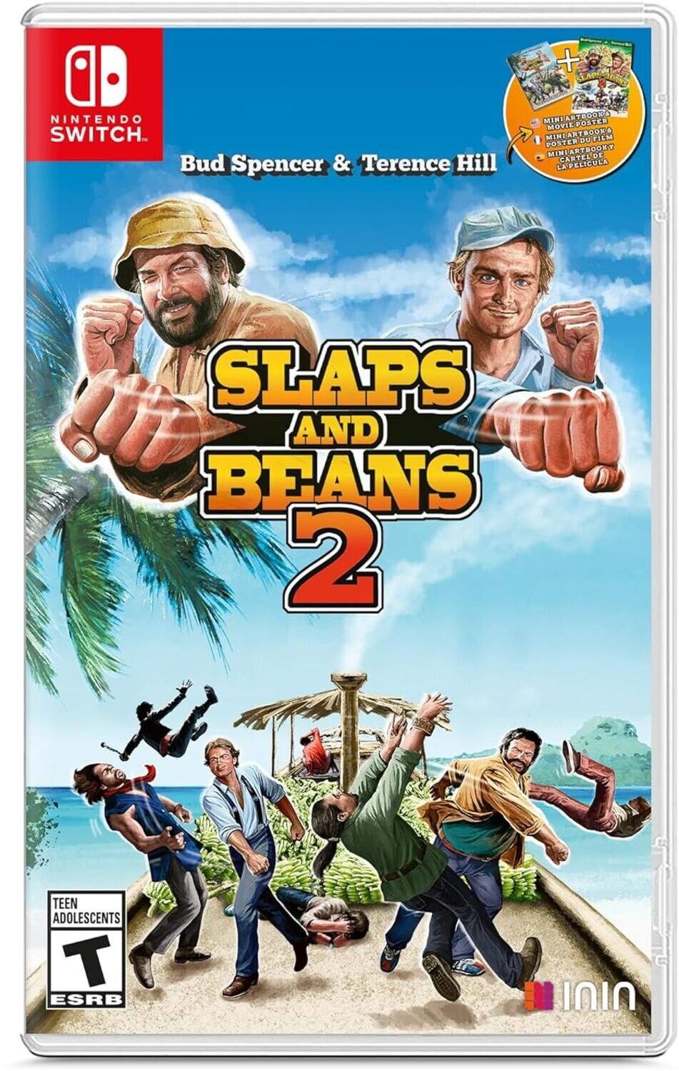 The corrected text is:
"Nintendo Switch Bud Spencer & Terence Hill Mini Artbook A Movie Poster Mini Mini Artbook A Dufilm Poster Mini Mini Artbook Y Cartel De La Película Slaps And Beans 2 Teen Adolescents T ESRB" - T (Teen 13+)