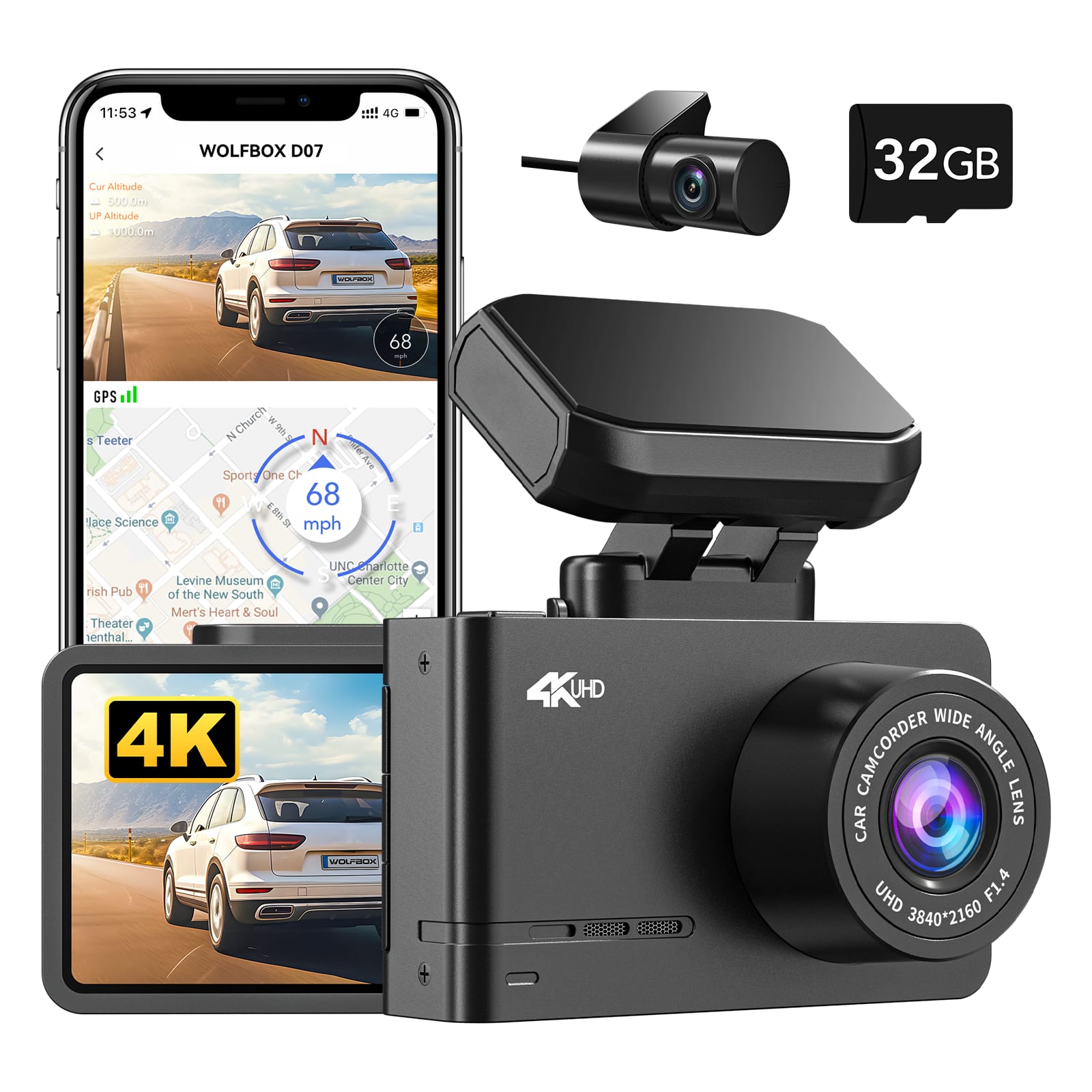 WOLFBOX - D07 4K+1080P Dual Dash Cam, Wifi, GPS, WDR, Night Vision, Includes 32GB Card, Dual Parking Monitoring - Black