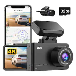 WOLFBOX - D07 4K+1080P Dual Dash Cam, Wifi, GPS, WDR, Night Vision, Includes 32GB Card, Dual Parking Monitoring - Black