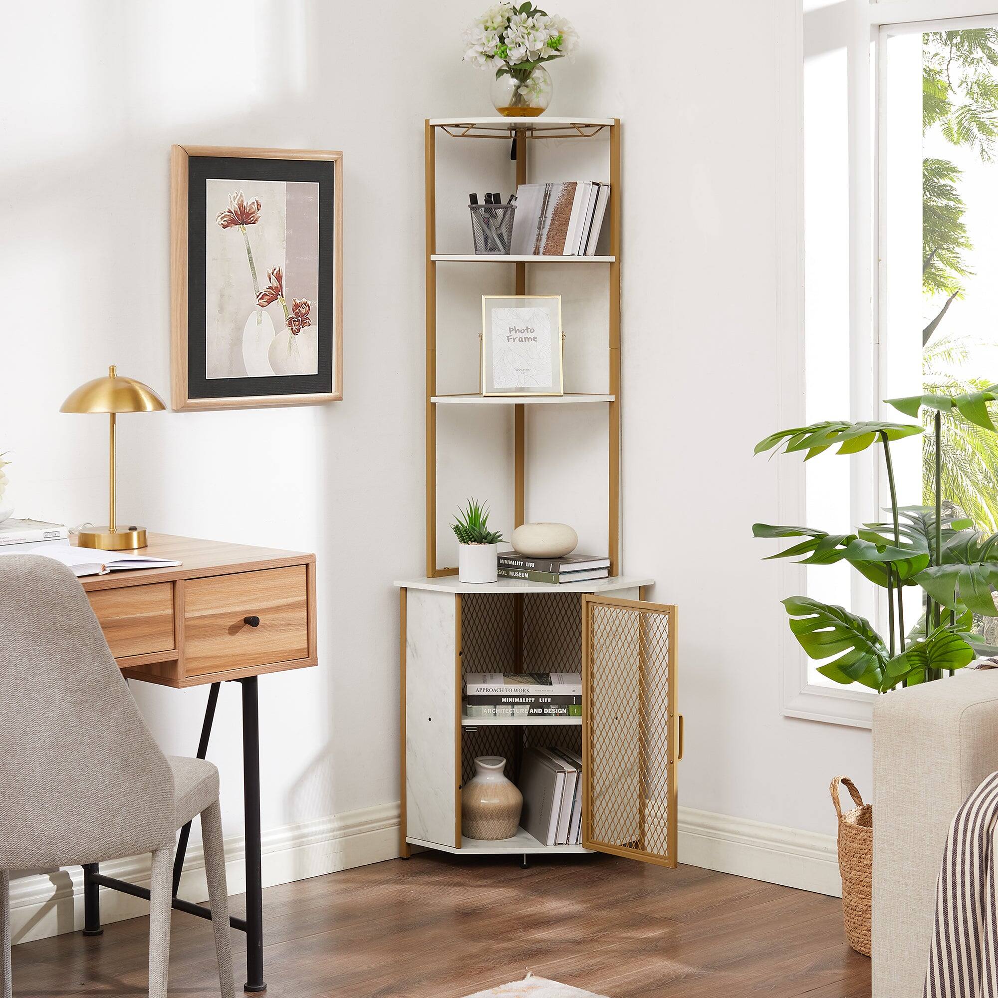 Vecelo - Rustic Triangle Corner Shelf with Cabinet, 4-Tier Corner Storage Unit & Glass Holders for Living Room & Bedroom - Gold