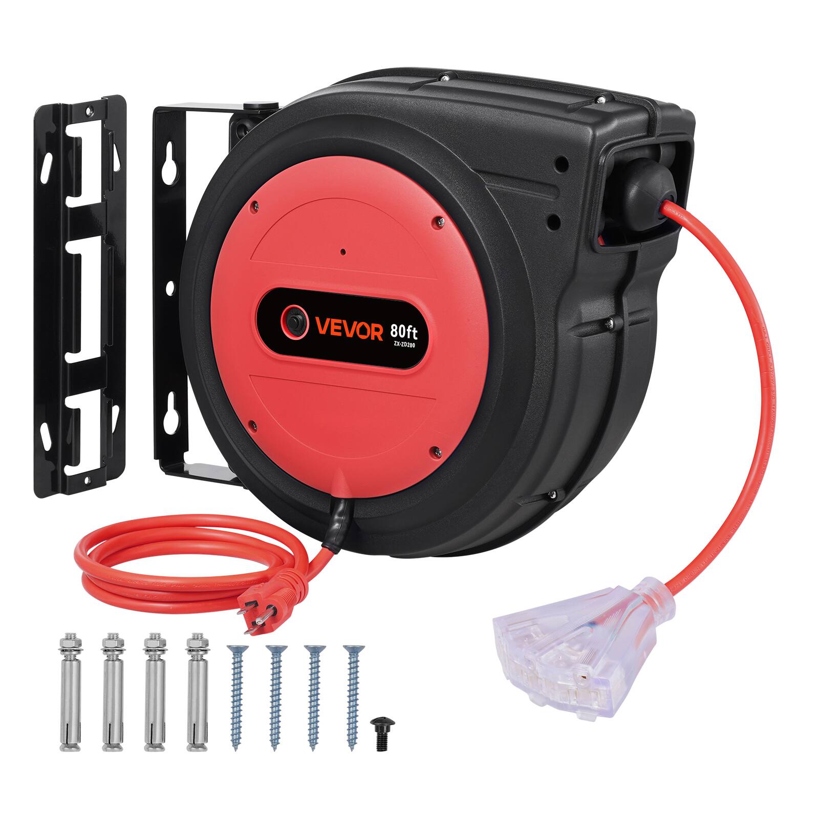 VEVOR Retractable Extension Cord Reel, 80 FT, Heavy Duty 12AWG/3C SJTOW ...