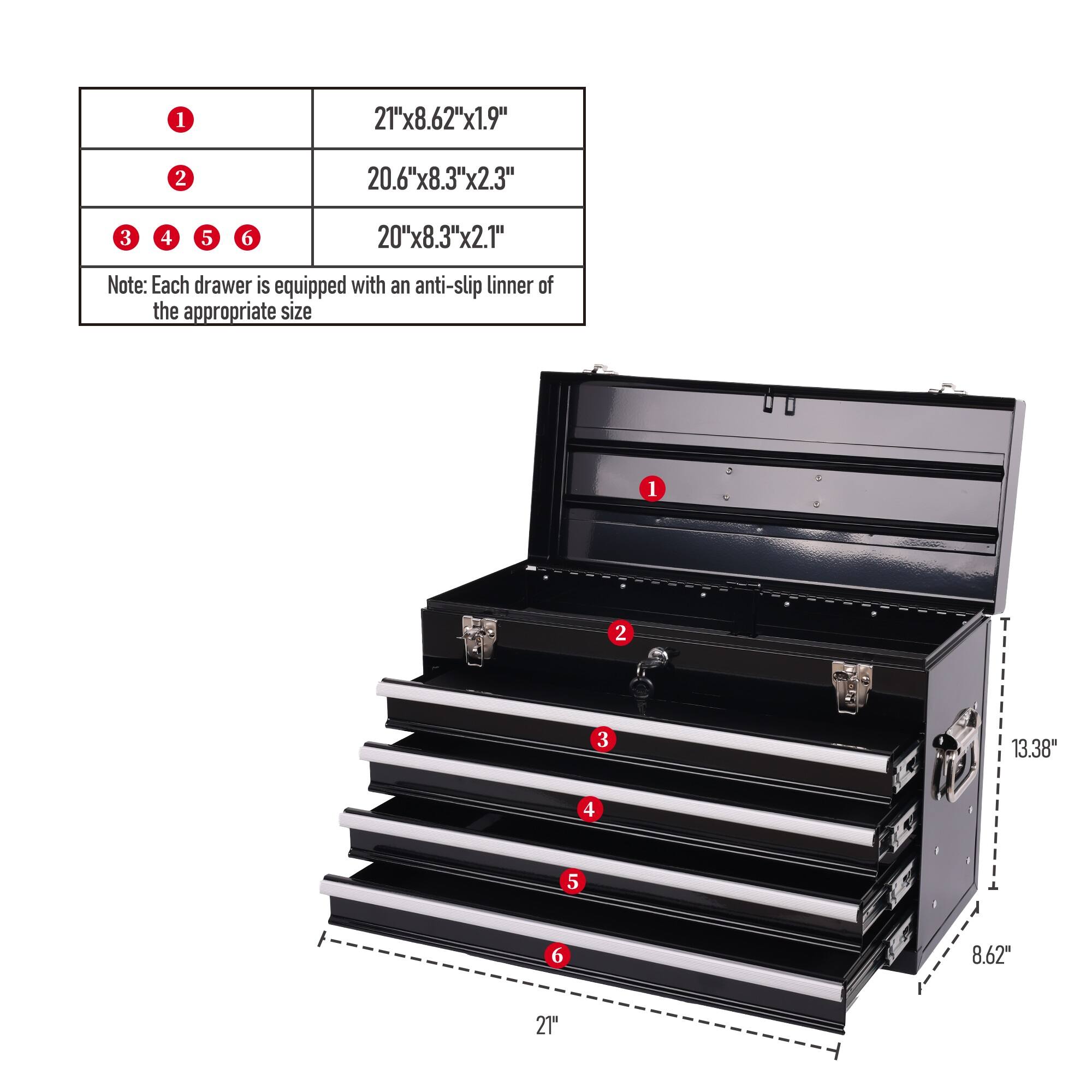 1. 21"x8.62"x1.9"
2. 20.6"x8.3"x2.3"
3. 20"x8.3"x2.1"

Note: Each drawer is equipped with an anti-slip liner of the appropriate size

1. 13.38"
2. 8.62"
3. 21"