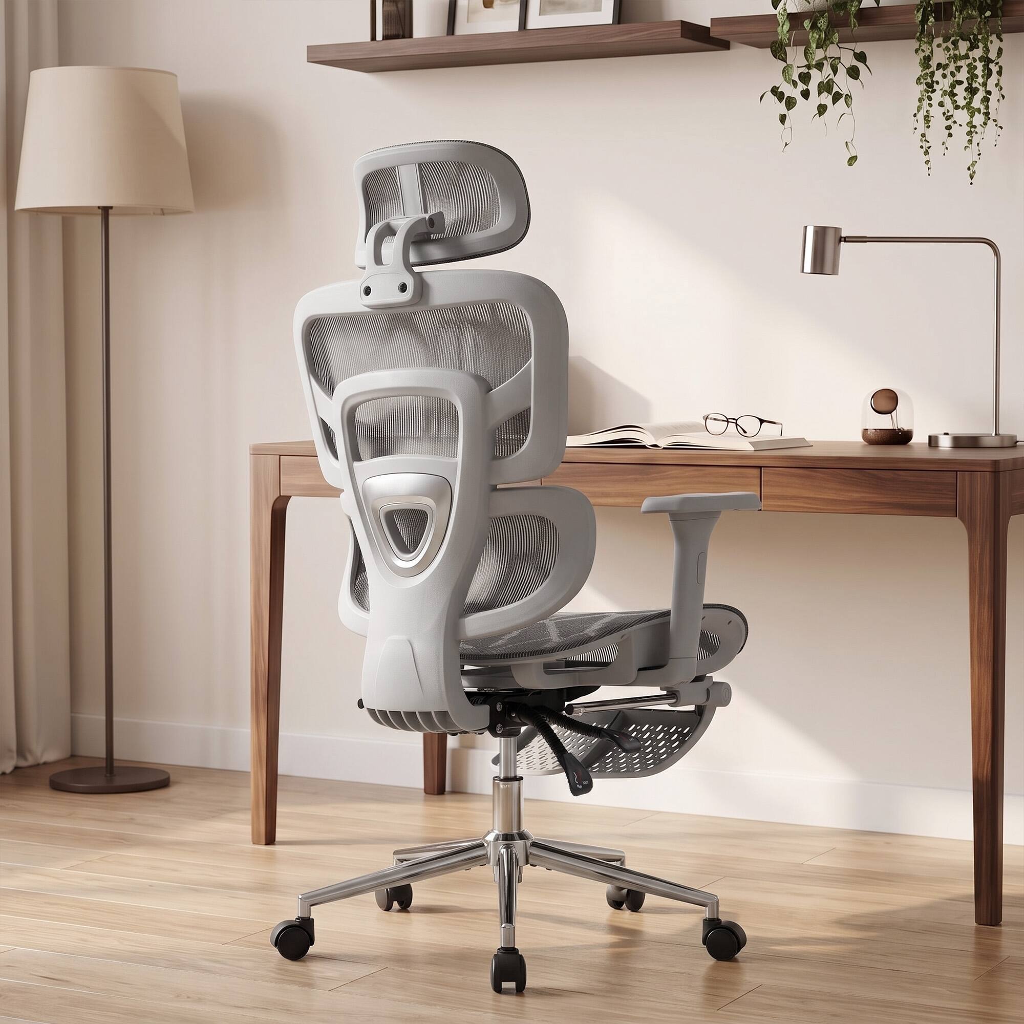 Alt View 8. Homcom - Office Chair with Lumbar Support, 2D Headrest, Mesh Reclining Desk Chair with Footrest - Gray.