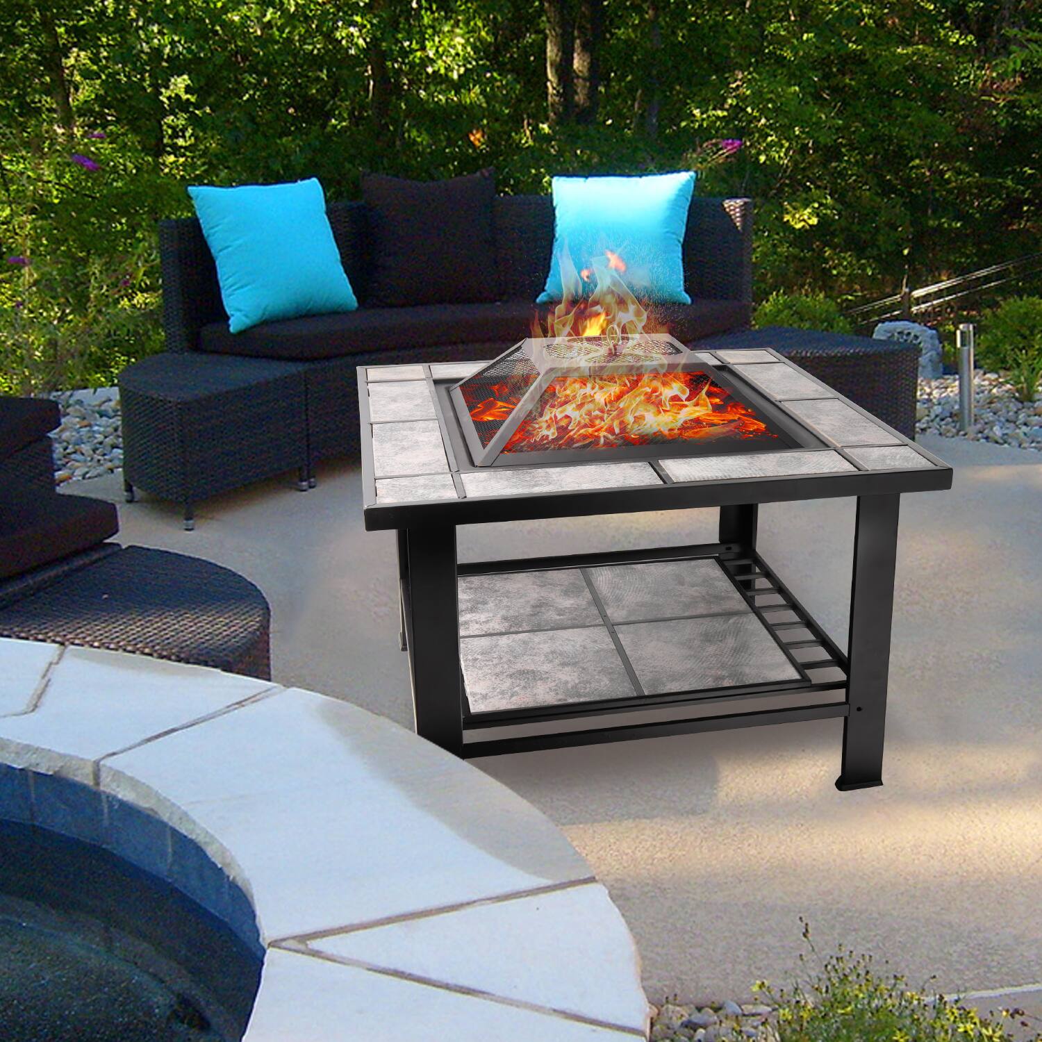 Alt View 1. BP4U - 30" Fire Pit Table with Marble Tile Top, Fire Pit for Outside Patio, Yard Party, Garden - Black.