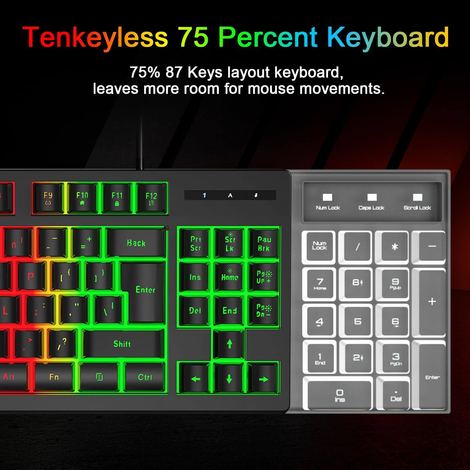Tenkeyless 75 Percent Keyboard

75% 87 Keys layout keyboard, leaves more room for mouse movements.

F9 F10 F11 F12

1 2 3 4 5 6 7 8 9 0

Q W E R T Y U I O P

A S D F G H J K L

Z X C V B N M

Shift

Ctrl Fn Alt

Backspace Enter

Prt Scr Scr Lk Pau Brk

Num Lock

Num Lock

Pg Up Pg Dn

Home End

Ins Del

Pg Up Pg Dn

Home End

Ins Del