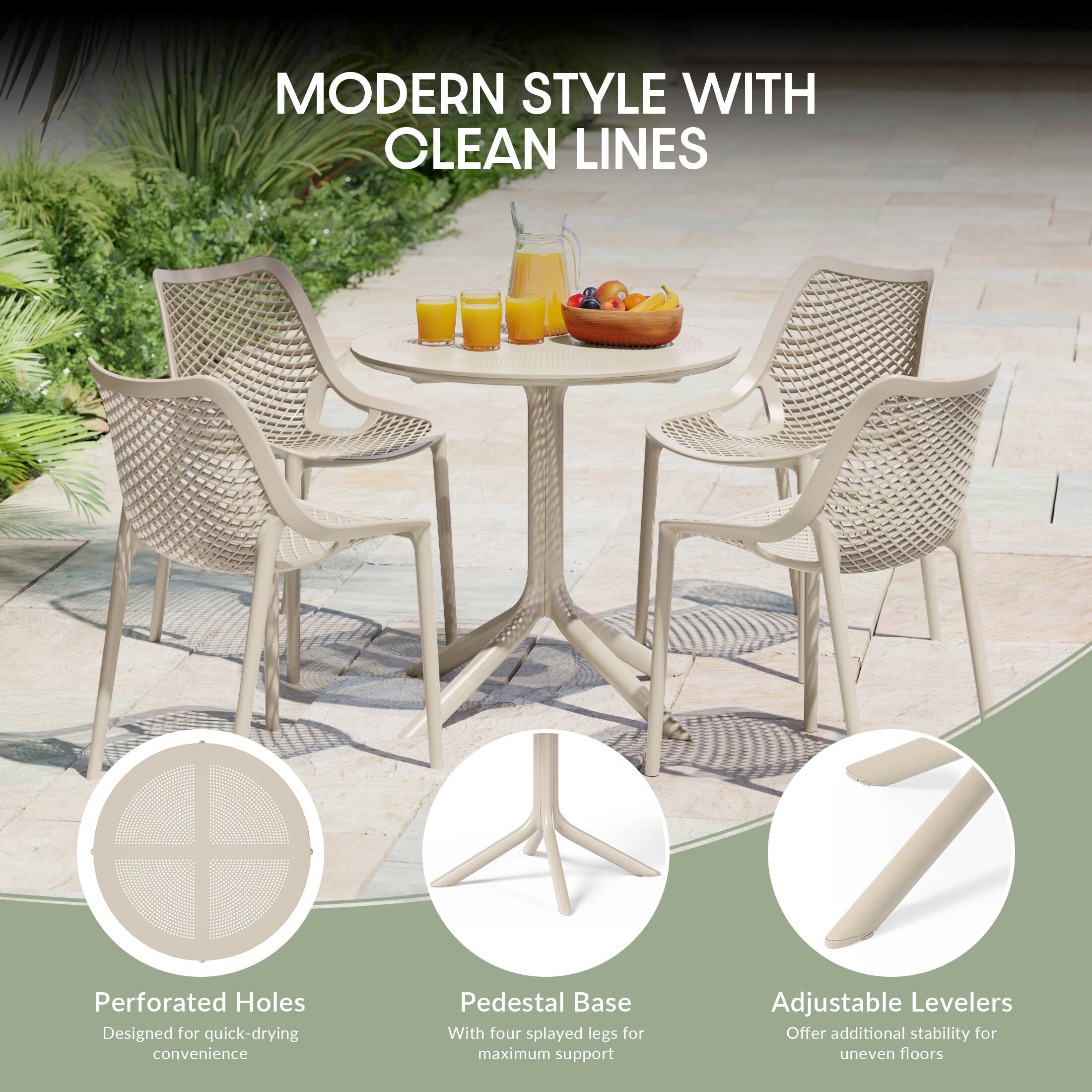 MODERN STYLE WITH CLEAN LINES

Perforated Holes
Designed for quick-drying convenience

Pedestal Base
With four splayed legs for maximum support

Adjustable Levelers
Offer additional stability for uneven floors