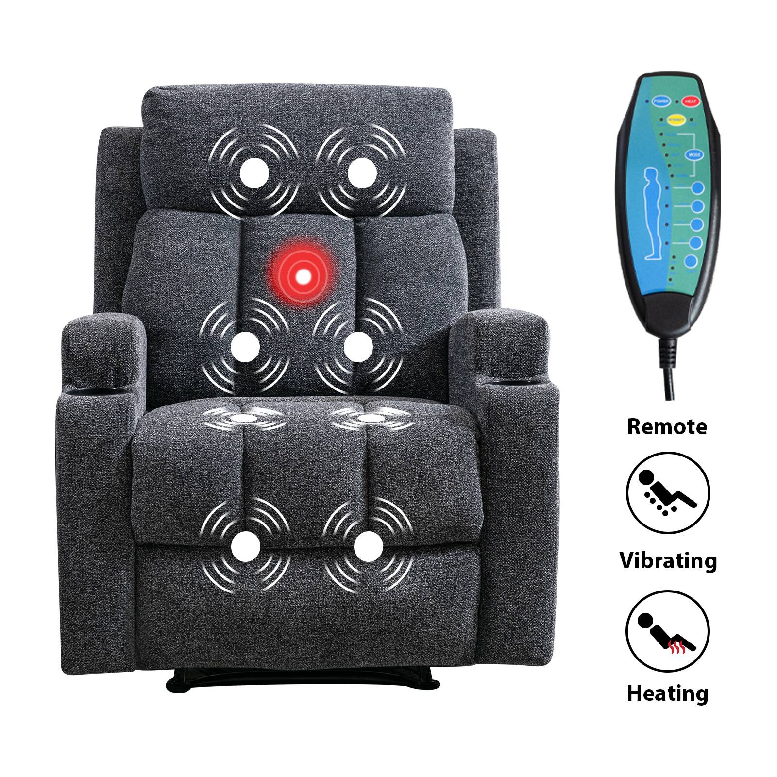 The image features a chair with a remote control and a heating pad. The remote control is designed to work with the chair, allowing for various functions such as vibrating, heating, and massage. The chair itself has a heating pad, which can be used to provide additional warmth and comfort. The combination of the remote control and the heating pad makes this chair a versatile and luxurious seating option.