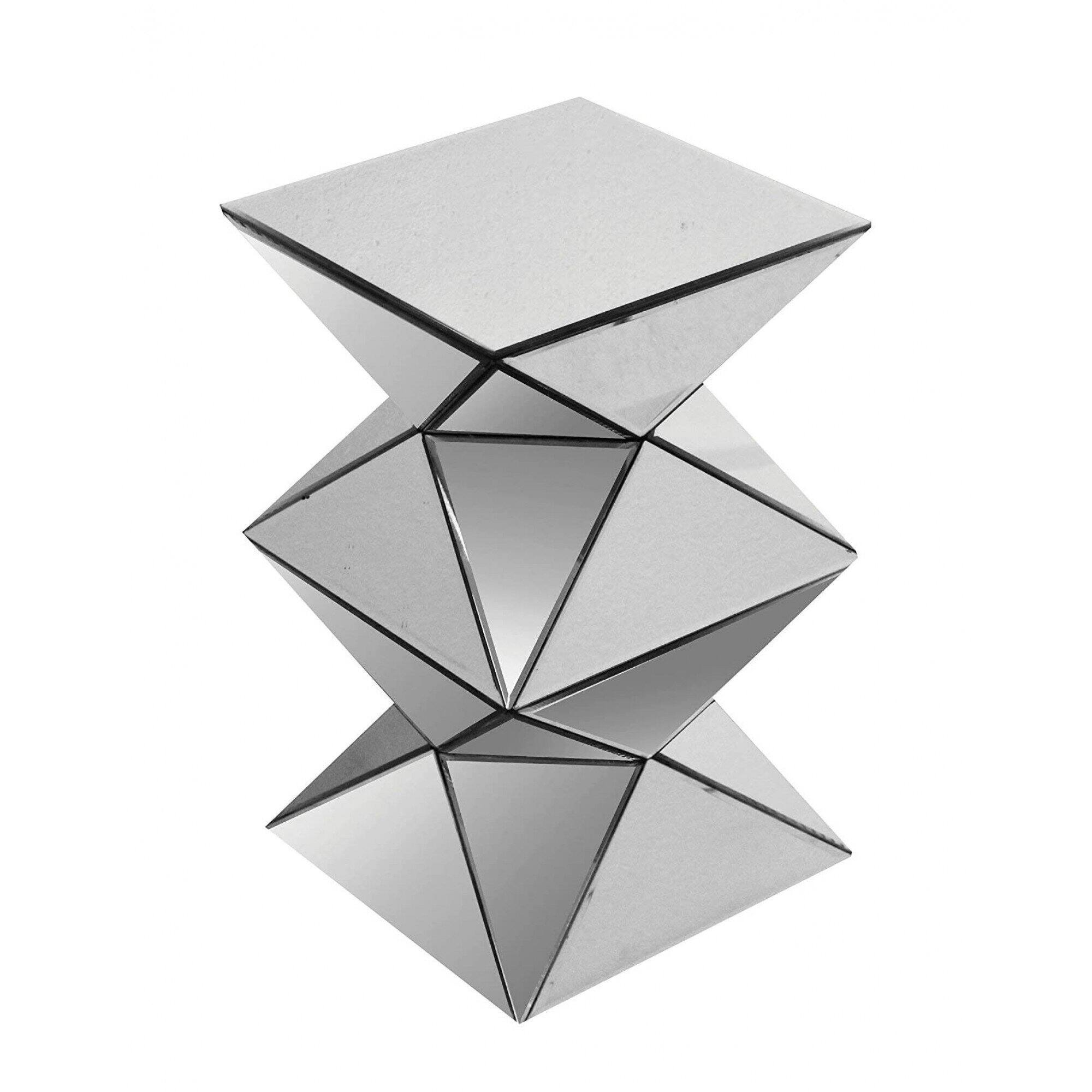 Front. Manhattan Lane - 20 Inch Modern End Table, Square Mirror Top, Silver Geometric Pedestal Base - Silver.
