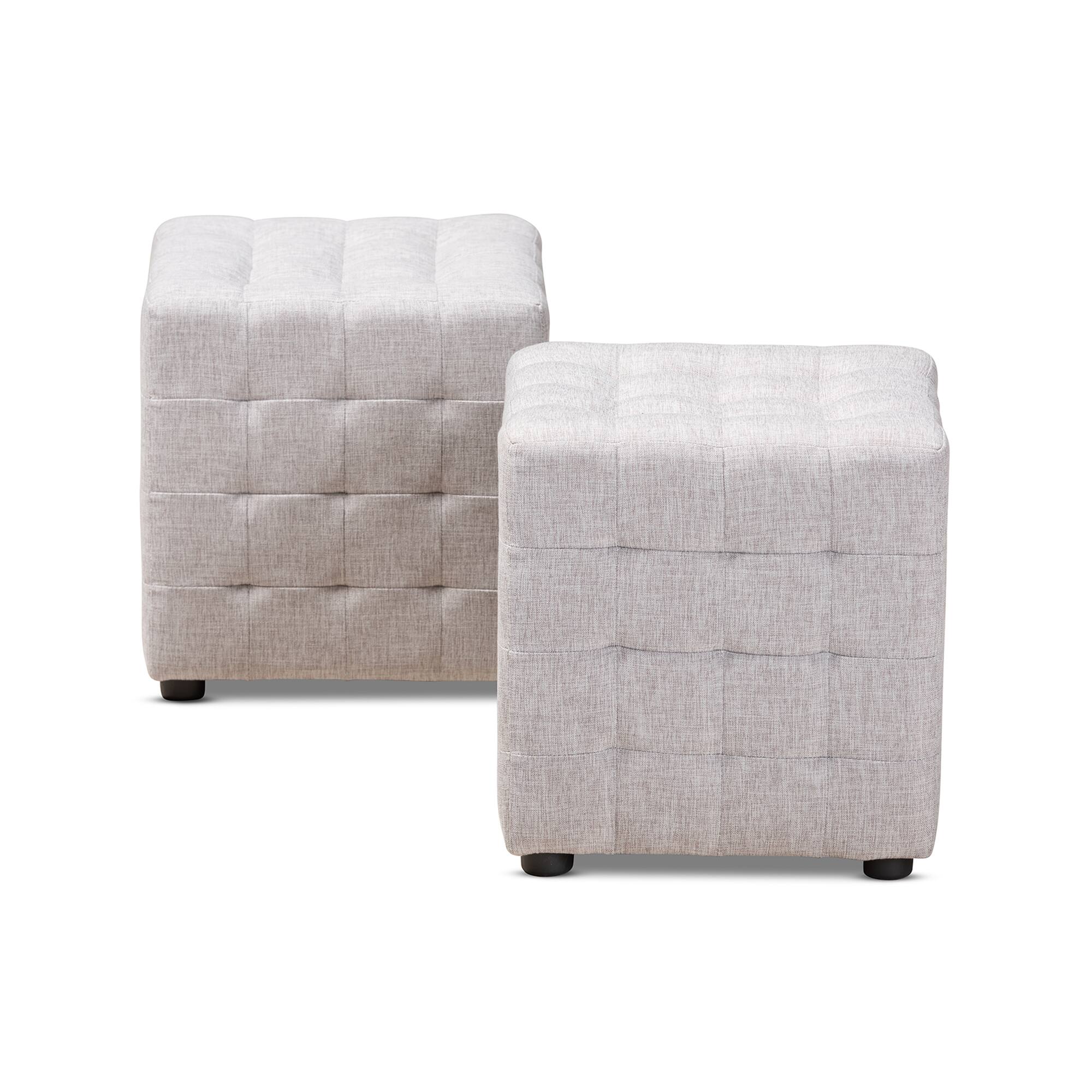 Angle. Baxton Studio - Elladio Modern and Contemporary Fabric Upholstered Tufted Cube Ottoman Set - Grayish Beige.