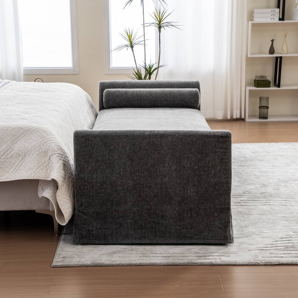 Back. Ropilly - Ropilly Modern Gray Chenille Bed End Bench with Armrests, Chaise Lounge Couch for Bedroom and Entryway - Gray.