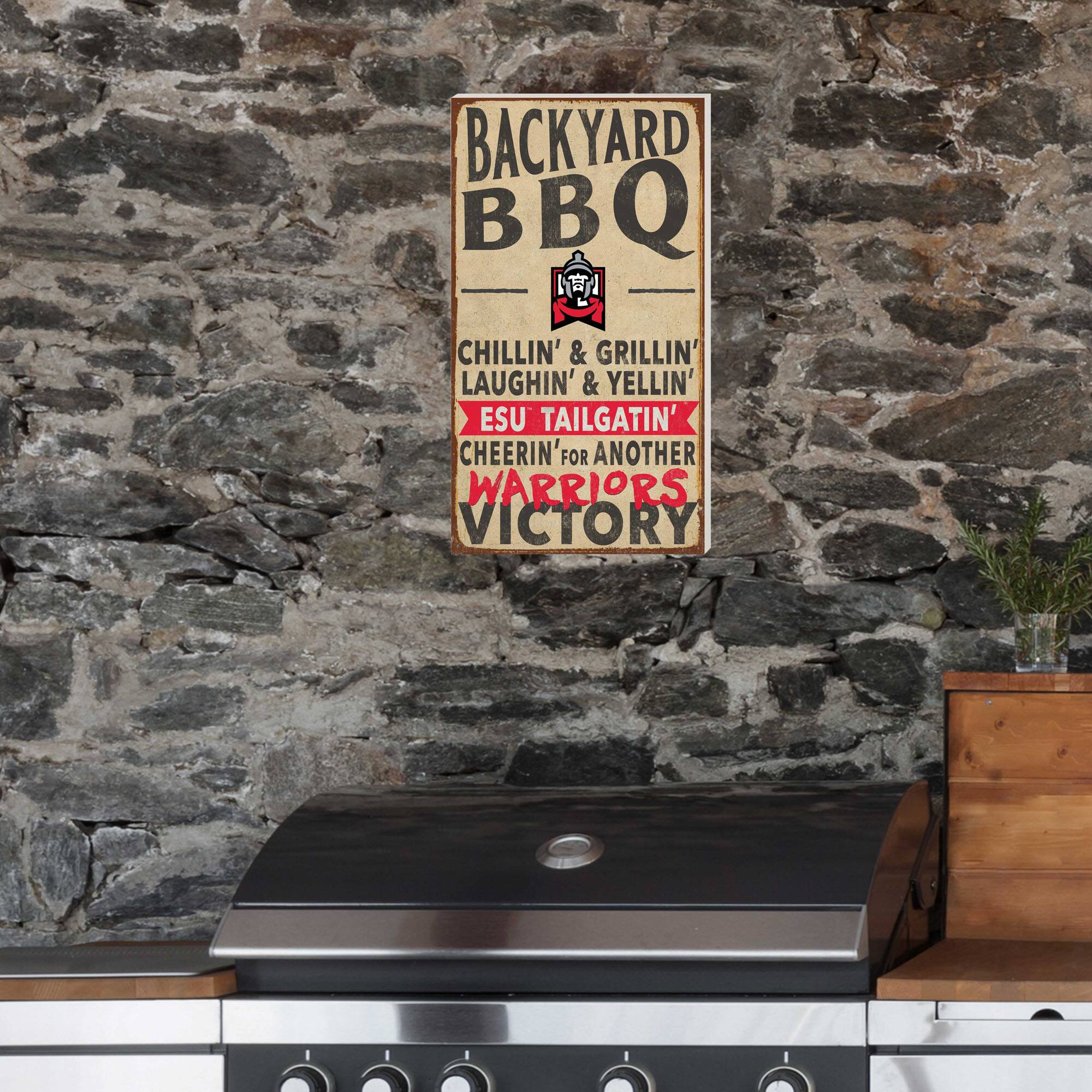 BACKYARD BBQ  
CHILLIN' & GRILLIN'  
LAUGHIN' & YELLIN'  
ESU TAILGATIN'  
CHEERIN' FOR ANOTHER  
WARRIORS VICTORY