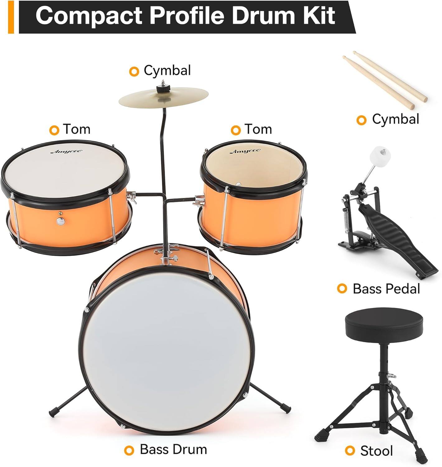 Compact Profile Drum Kit

- Cymbal
- Tom
- Tom
- Cymbal
- Bass Drum
- Bass Pedal
- Stool
