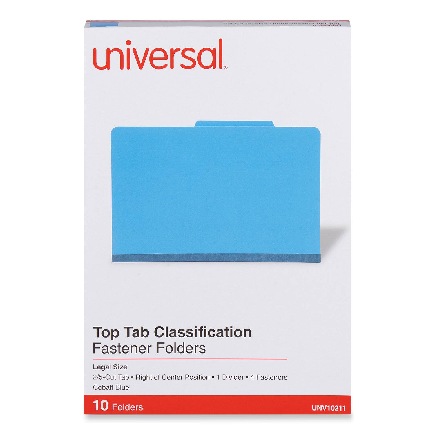 Universal  
Top Tab Classification Fastener Folders  
Legal Size  
2/5-Cut Tab • Right of Center Position • 1 Divider • 4 Fasteners  
Cobalt Blue  
10 Folders  
UNV10211