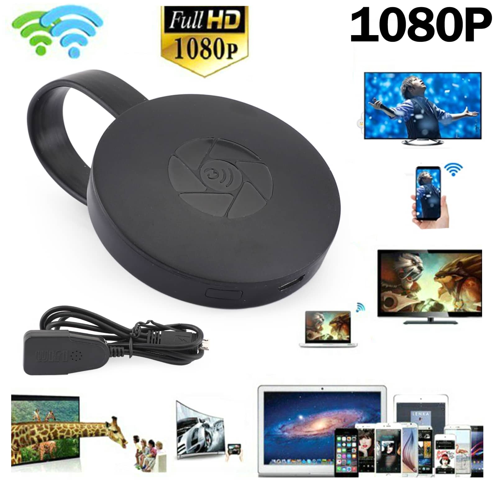 Topteng - G2 1080P WiFi Display Dongle - Wireless TV Stick with DLNA/Airplay/Miracast, No Mode Switch, for iOS/Android/Windows - Black