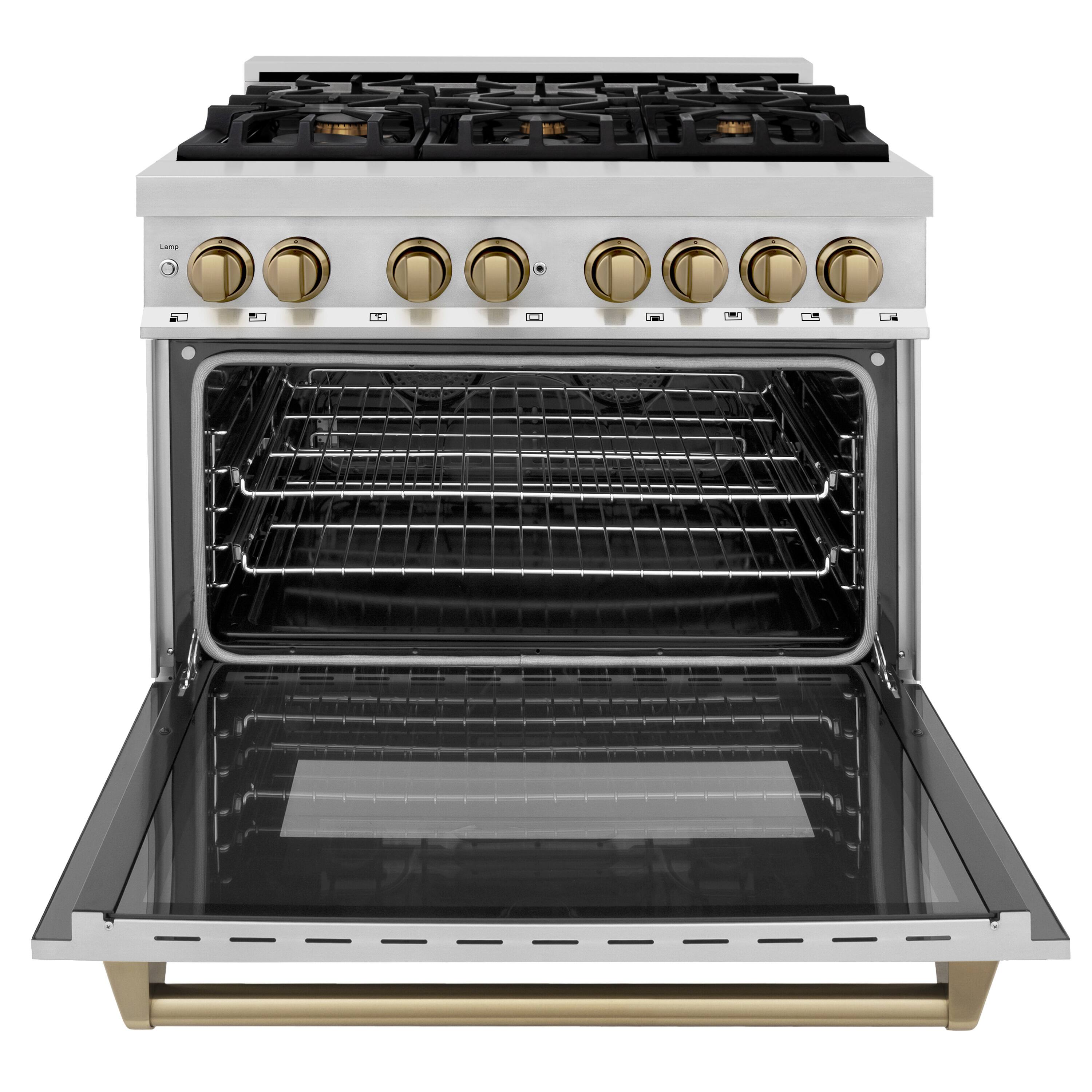 Angle. ZLINE - Autograph 36 in. 4.6 cu. ft. Legacy Freestanding Dual Fuel Range with  6 Burners & Convection Oven w/ Bronze Accents - Stainless Steel/Champagne Bronze Accents.