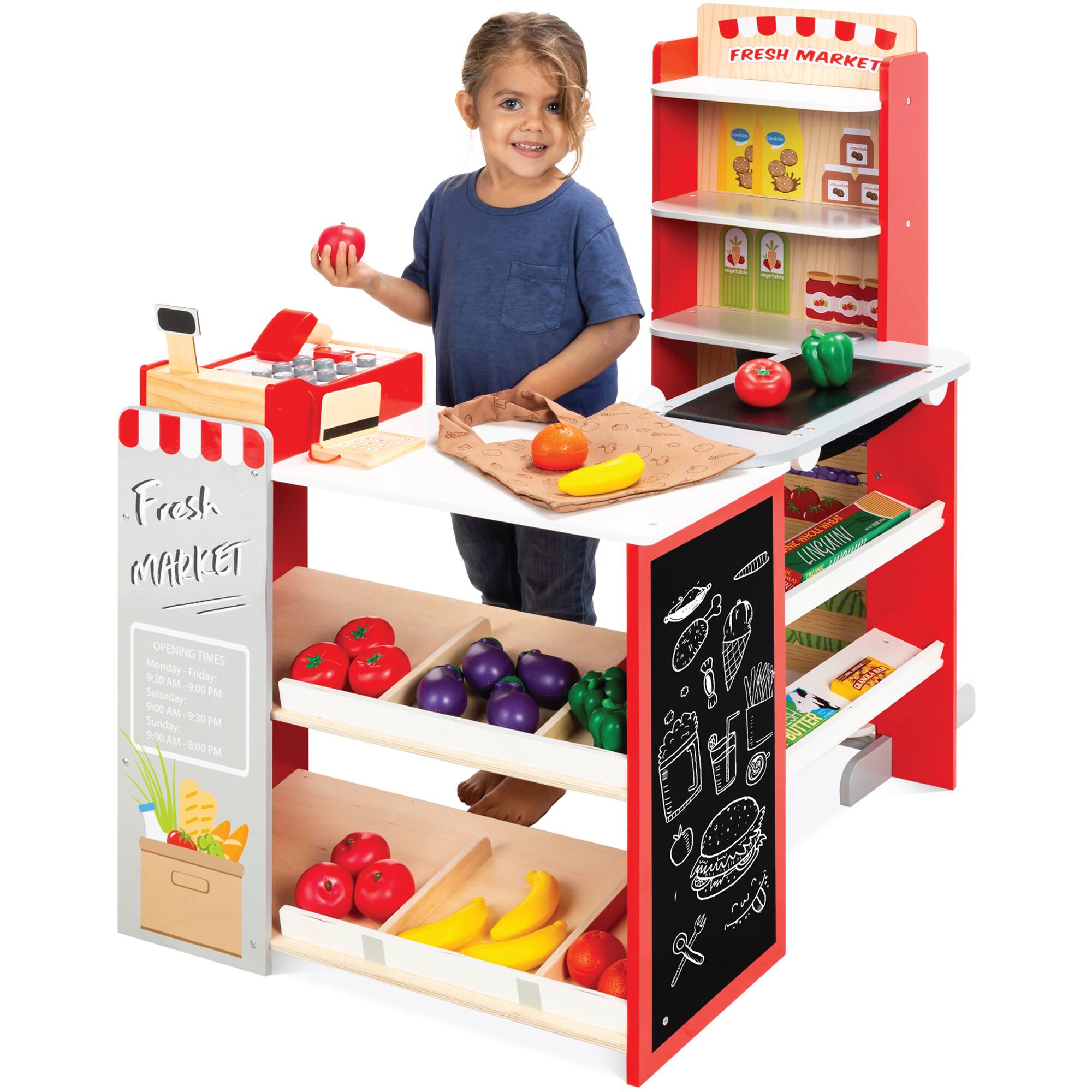 Best Choice Products - Kids Pretend Play Grocery Store Wooden Supermarket Set w/ Chalkboard, Cash Register - Red