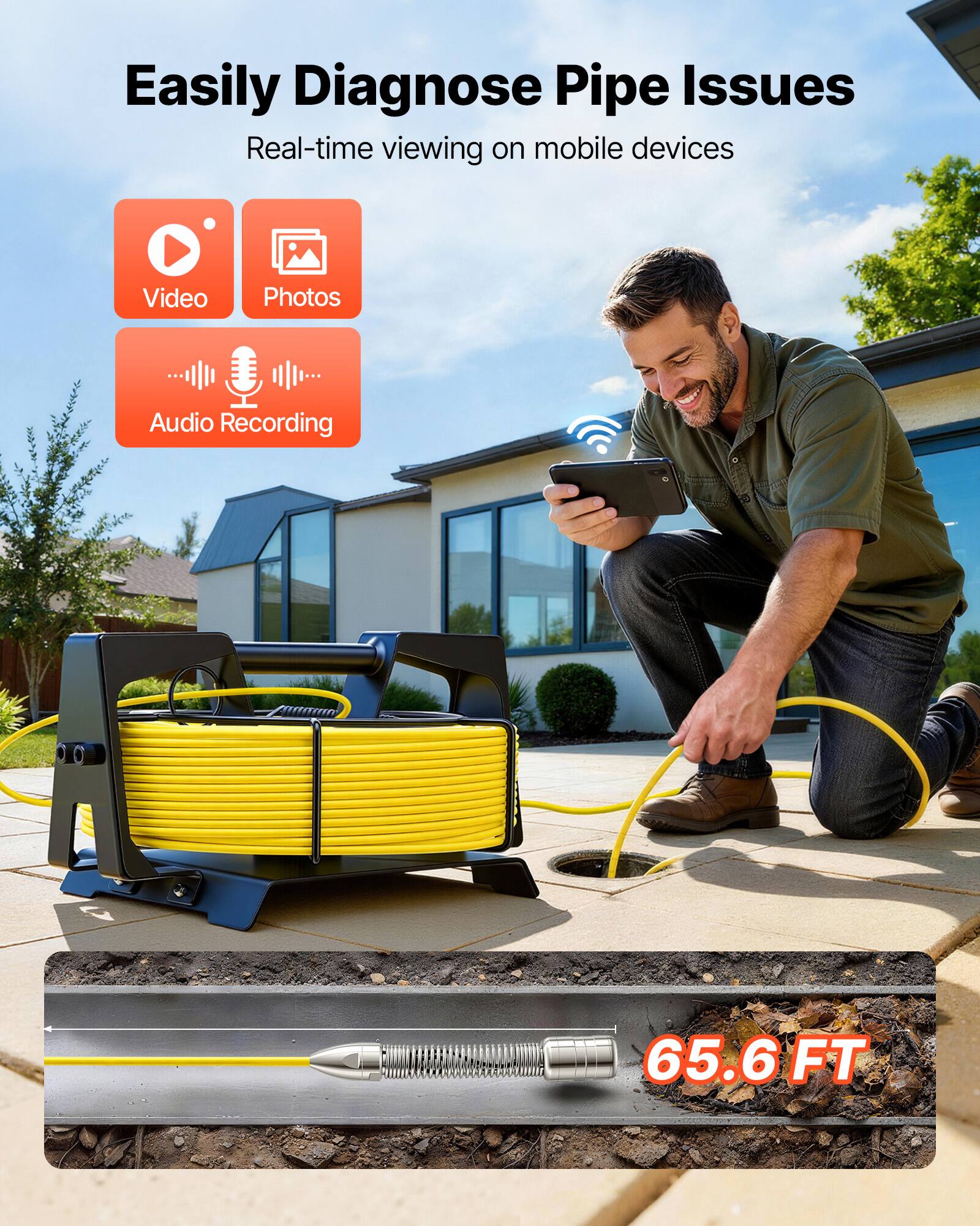 Easily Diagnose Pipe Issues  
Real-time viewing on mobile devices  
Video Photos Audio Recording  
65.6 FT