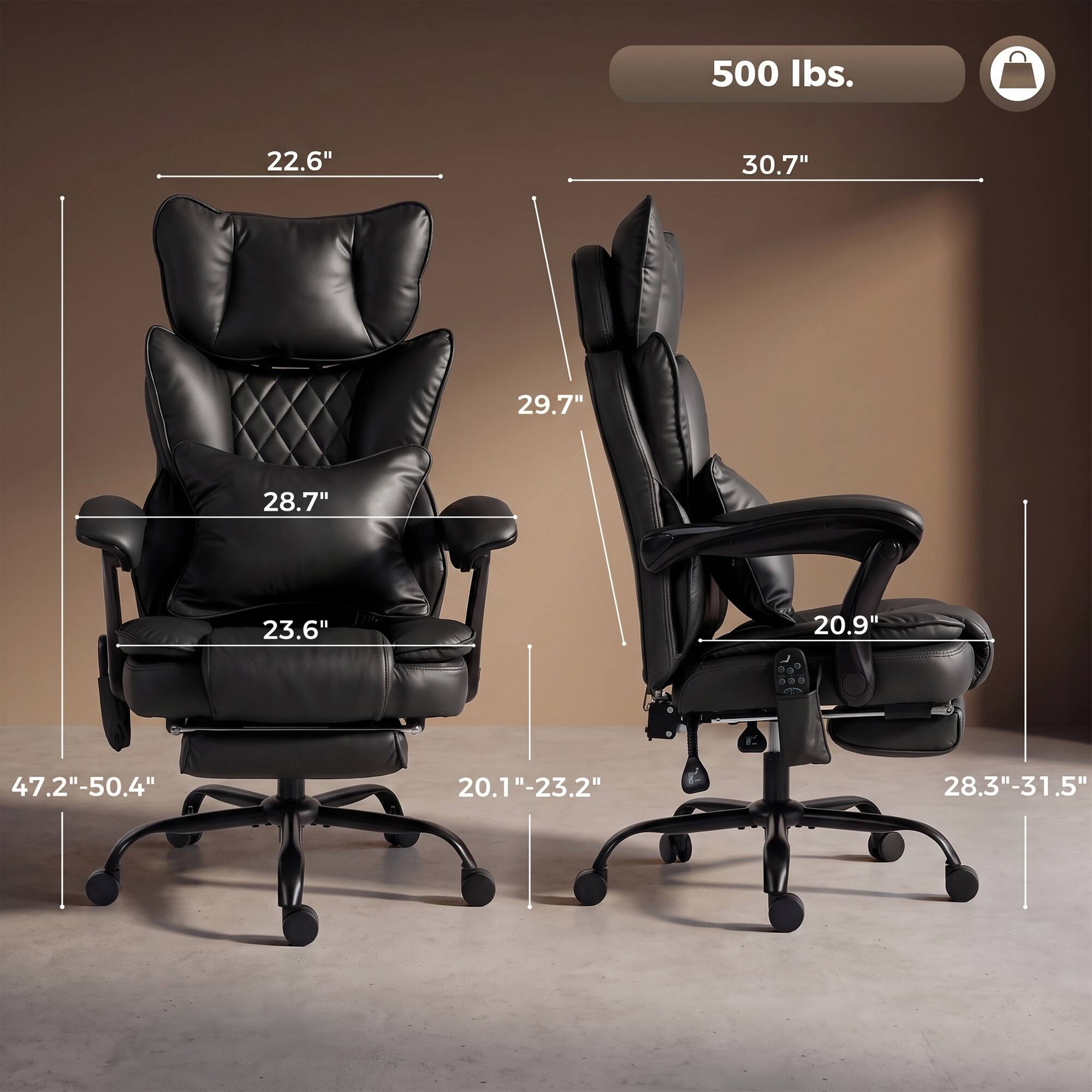 500 lbs.  
22.6"  
30.7"  
29.7"  
28.7"  
23.6"  
20.9"  
47.2"-50.4"  
20.1"-23.2"  
28.3"-31.5"