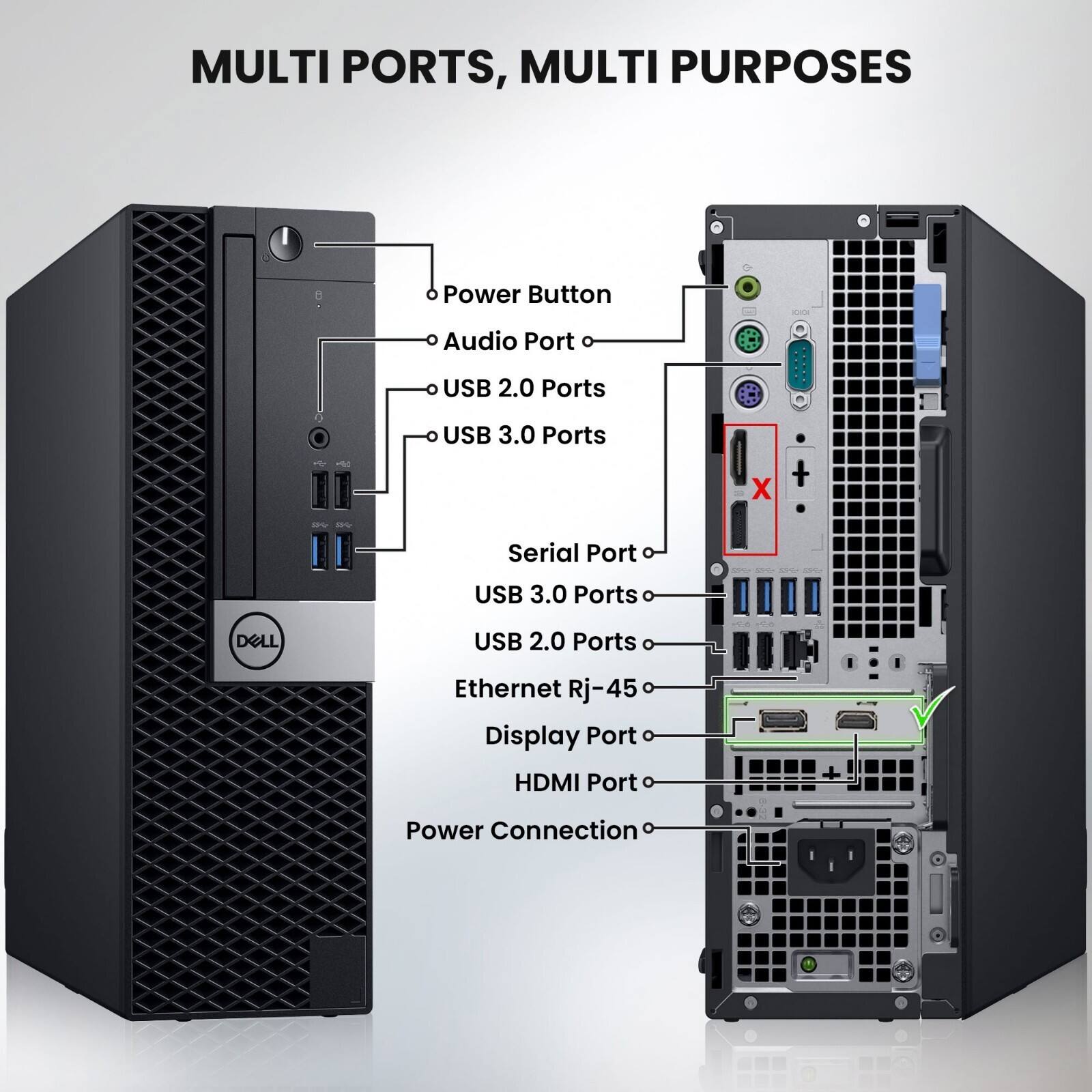 MULTI PORTS, MULTI PURPOSES

- Power Button
- Audio Port
- USB 2.0 Ports
- USB 3.0 Ports
- Serial Port
- USB 3.0 Ports
- USB 2.0 Ports
- Ethernet RJ-45
- Display Port
- HDMI Port
- Power Connection