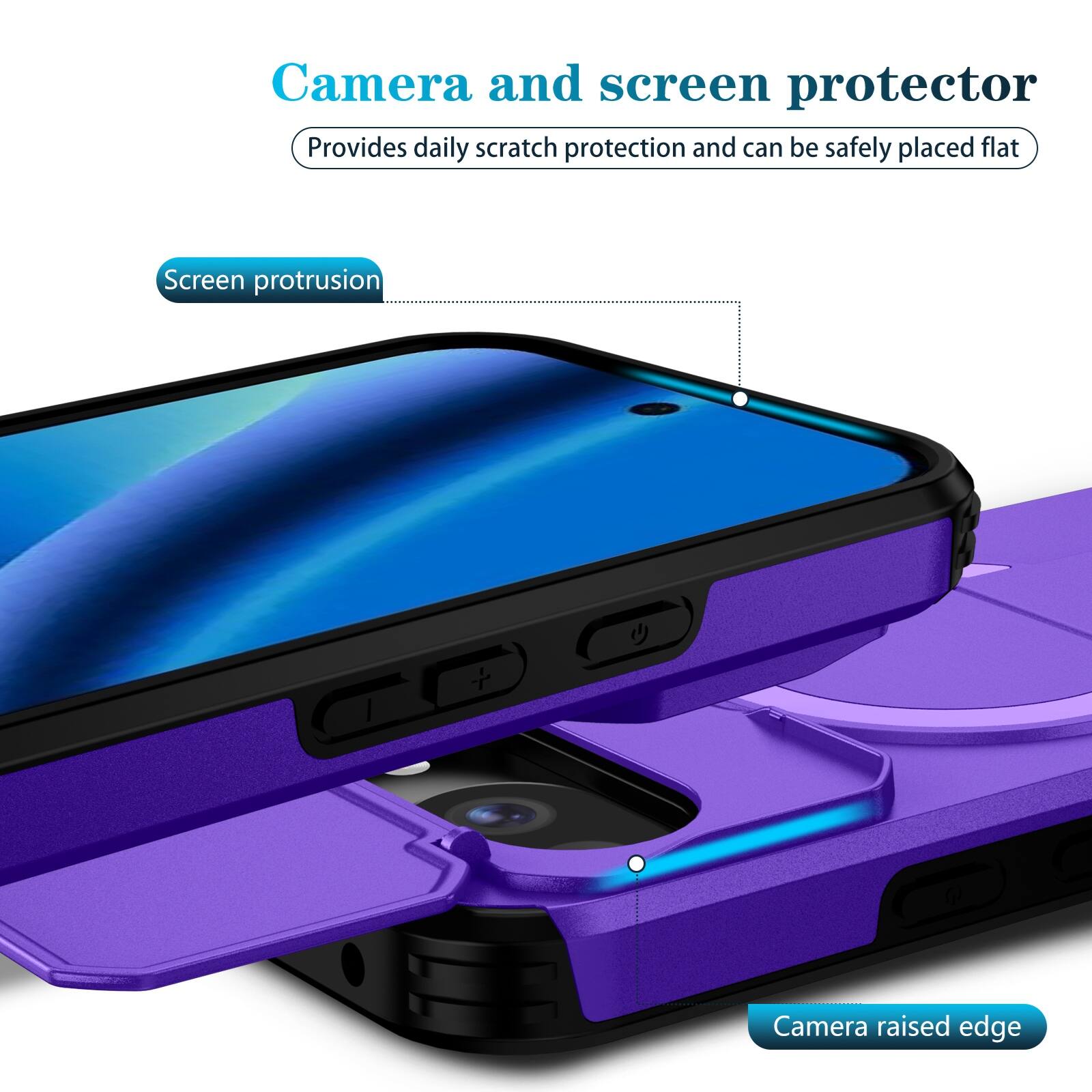 Camera and screen protector  
Provides daily scratch protection and can be safely placed flat  

Screen protrusion  
Camera raised edge