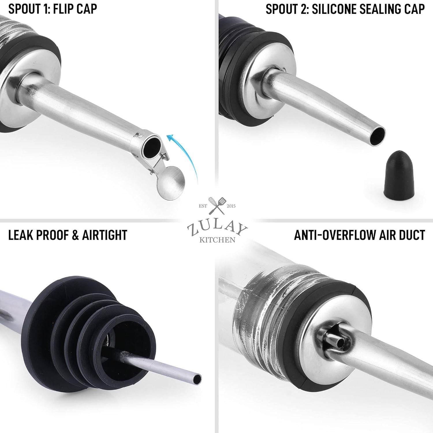 Sure, here is the corrected and grouped text from the image:

---

**SPOUT 1: FLIP CAP**

**SPOUT 2: SILICONE SEALING CAP**

**LEAK PROOF & AIRTIGHT**

**ANTI-OVERFLOW AIR DUCT**

---

**ZULAY KITCHEN**

**EST 2015**