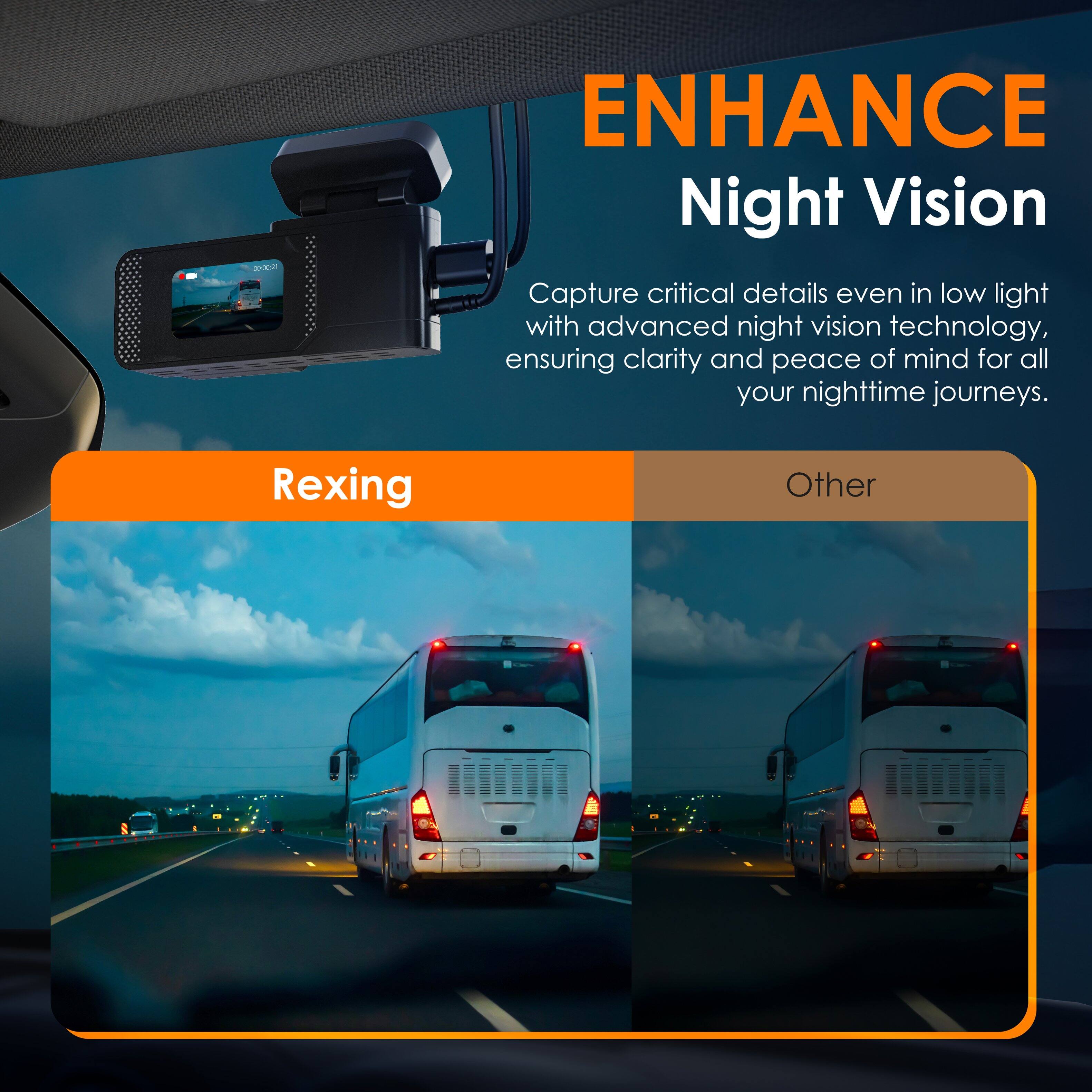 ENHANCE Night Vision

Capture critical details even in low light with advanced night vision technology, ensuring clarity and peace of mind for all your nighttime journeys.

Rexing

Other