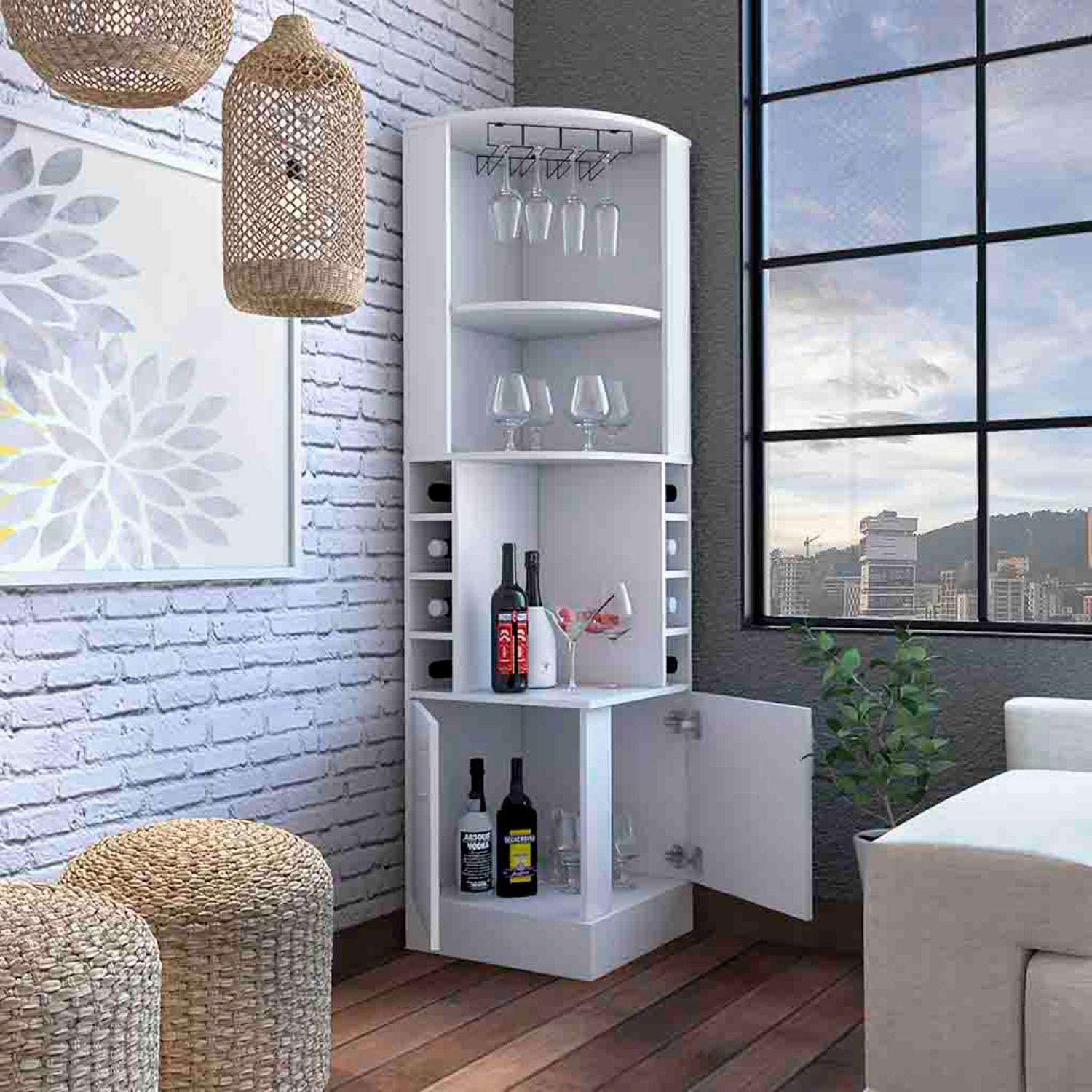 Left. TuHome - Syrah Corner Bar Cabinet, Eight Bottle Cubbies, Double Door, Two Open Shelves, Bar Room or Living Room - White.