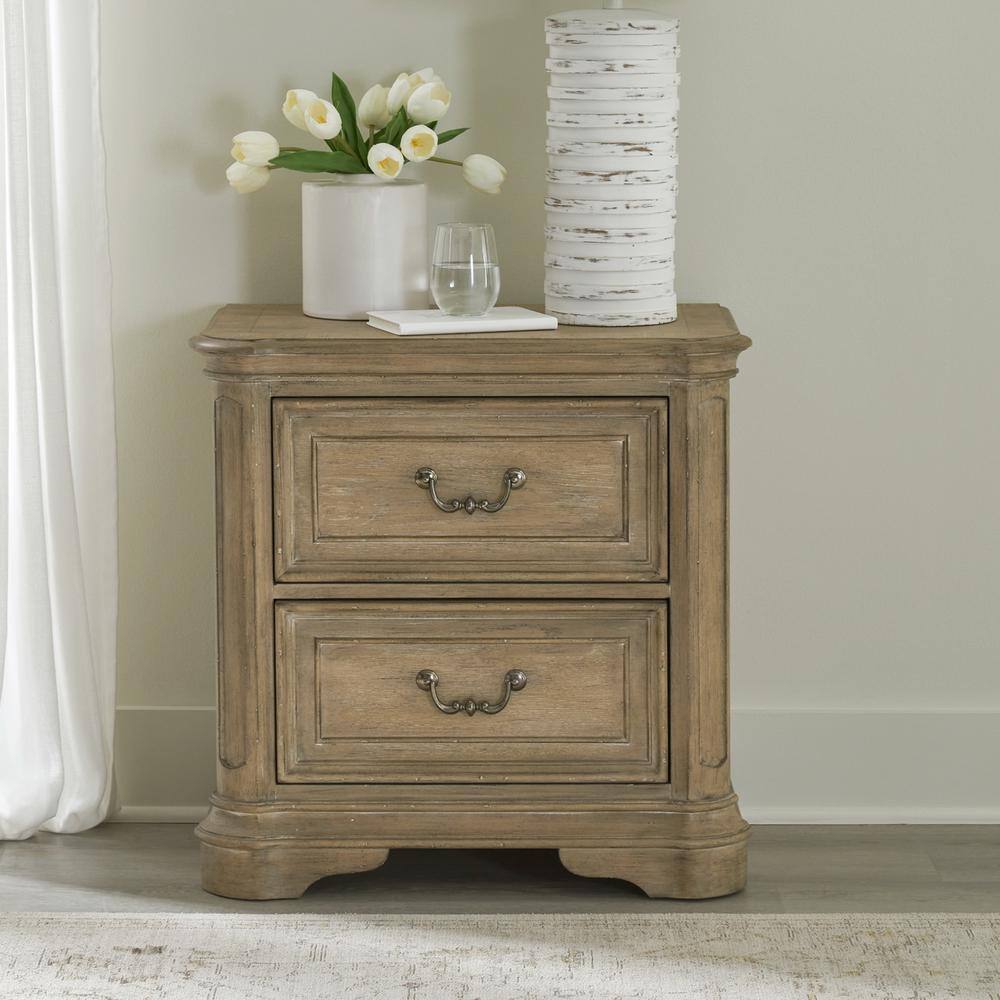 Left. Liberty Furniture Industries - Magnolia Manor 2 Drawer Nightstand in Weathered Bisque - Brown.