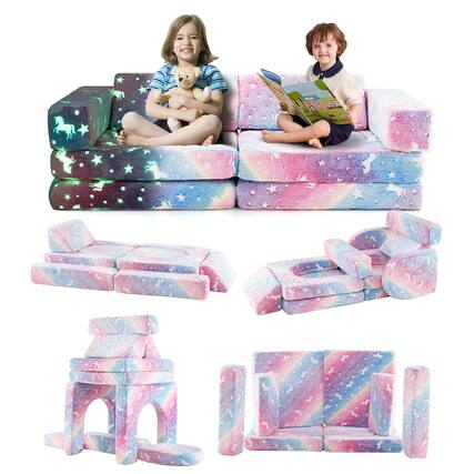 Front. Gymax - Gymax 10 Pcs Modular Kids Play Couch Sectional Sofa Glow in the Dark Floor Cushion - Rainbow.