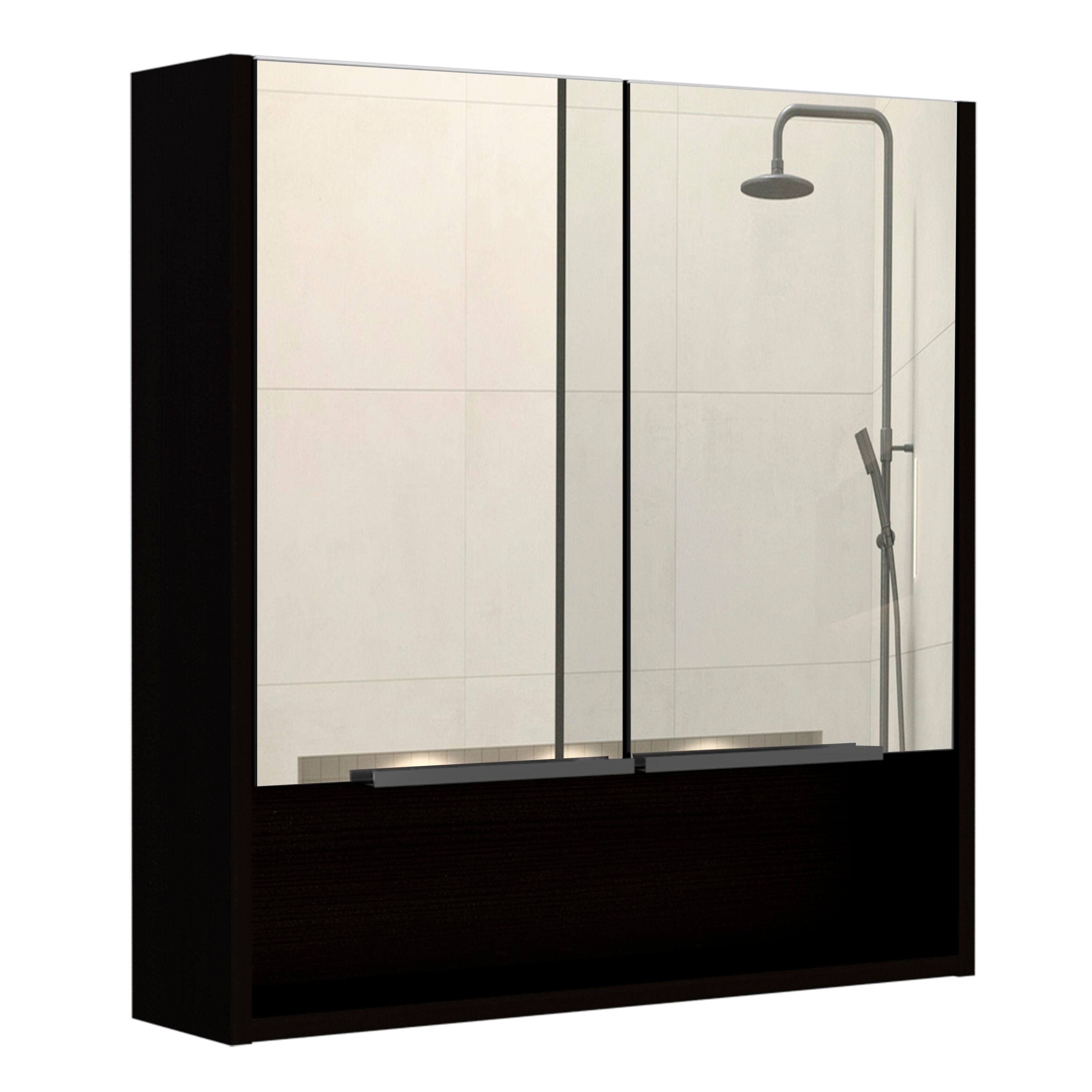 Back. TuHome - Jaspe Mirror Cabinet, Three Internal Shelves, One Open Shelf, Double Door Cabinet - Black.