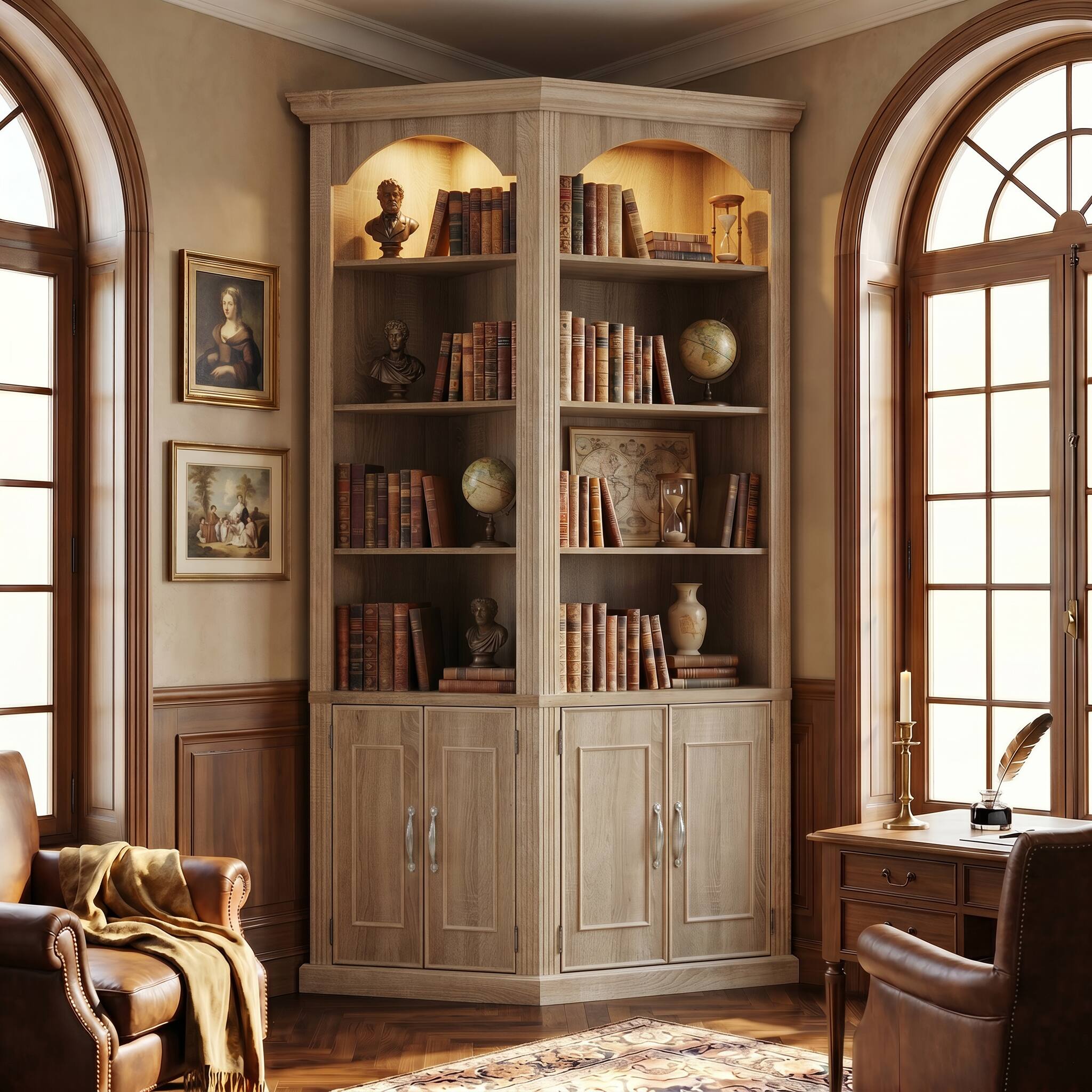 Angle. FUFU & GAGA - Arched Display Cabinet with LED Lights, Illuminated Tall Bookcase for Living Room, Storage Cabinet with Doors & Shelves - Light Oak.