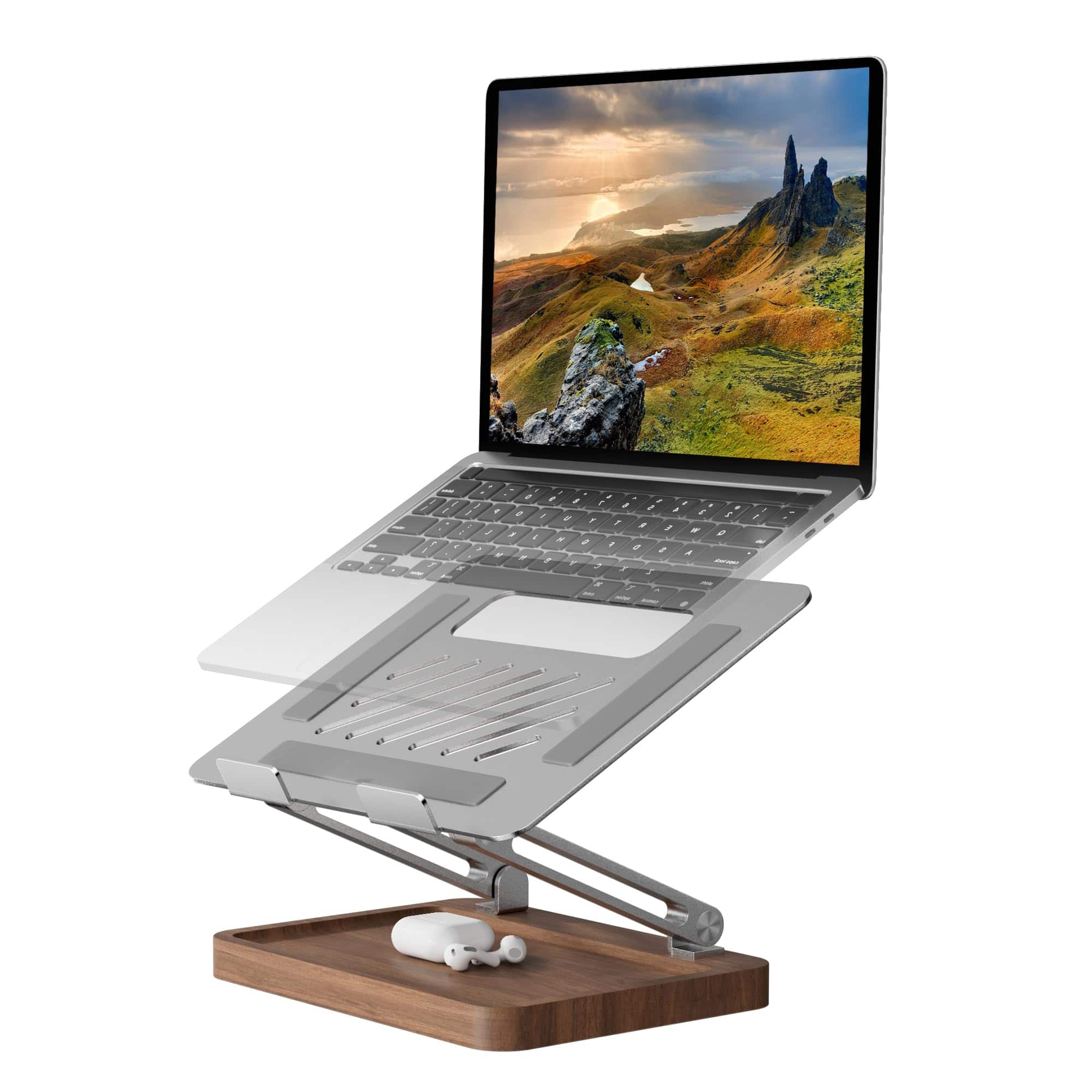 HongFei - Laptop Stand for Desk, Laptop Riser with Walnut Storage Base, Adjustable Ergonomic Wooden Ventilated Stand - Silver