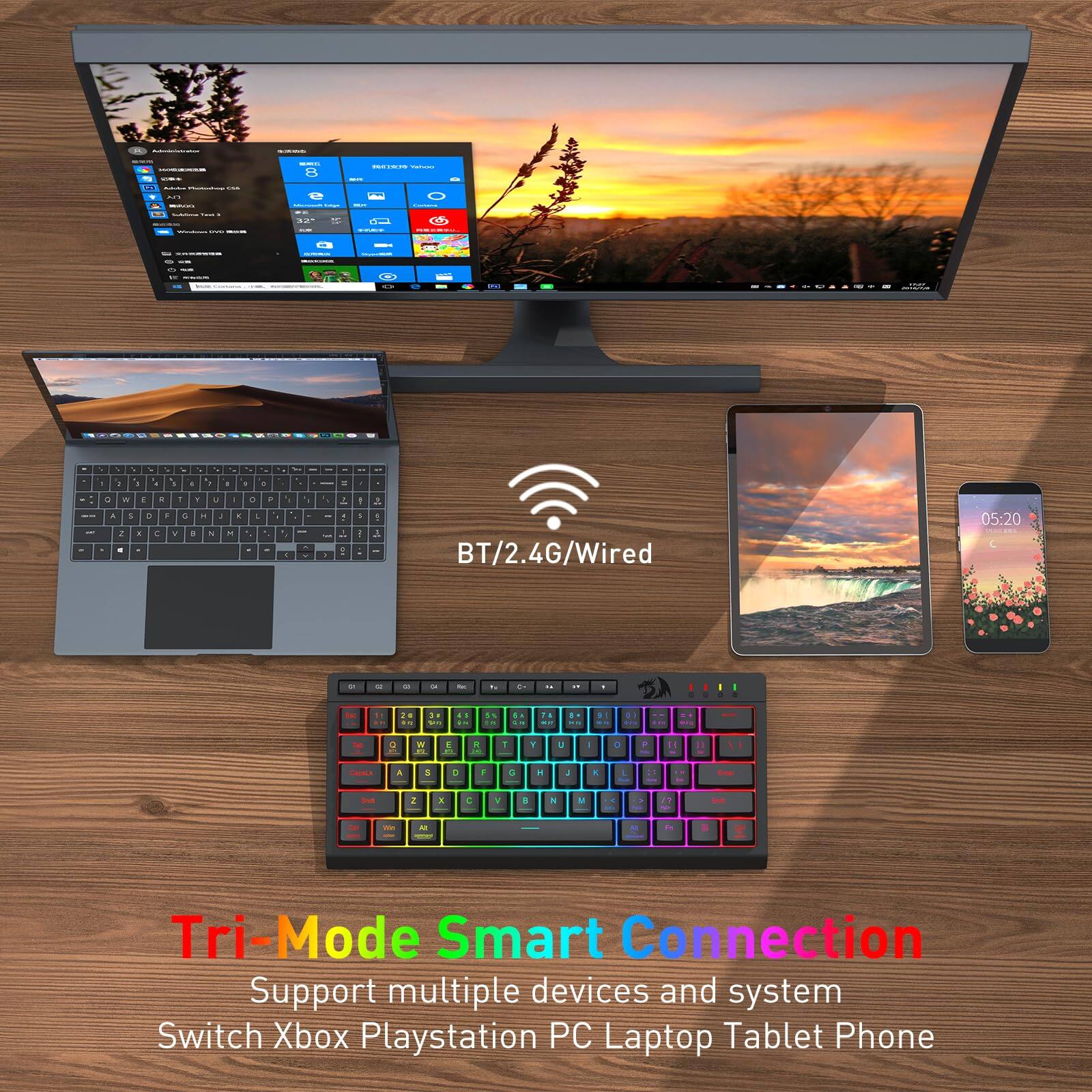 BT/2.4G/Wired

Tri-Mode Smart Connection

Support multiple devices and system

Switch Xbox Playstation PC Laptop Tablet Phone