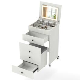 Costway - 3-in-1 Small Vanity Desk Set with Flip-top Mirror, Lights, Drawers, Storage Stool - White