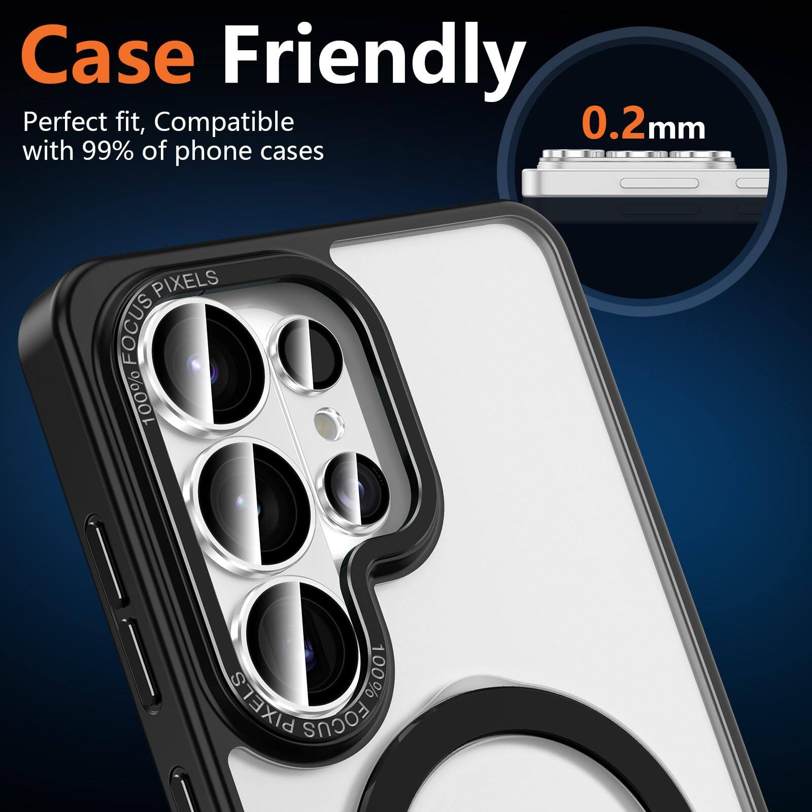 Case Friendly  
Perfect fit, Compatible with 99% of phone cases  
100% PIXELS FOCUS  
0.2mm