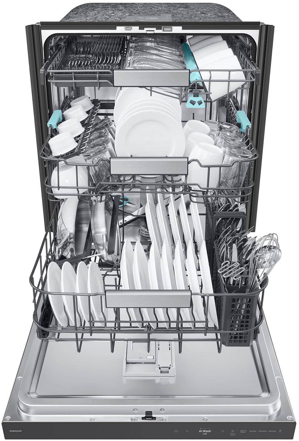 A dishwasher is full of dirty dishes, including plates, forks, knives, and spoons.