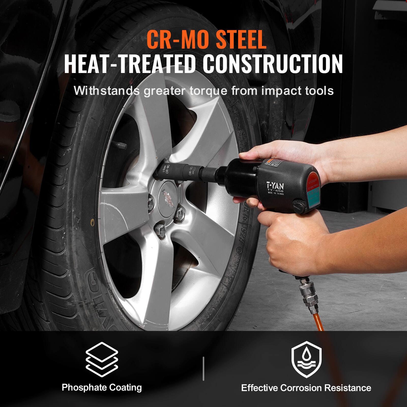 CR-MO STEEL  
HEAT-TREATED CONSTRUCTION  
Withstands greater torque from impact tools  

Phosphate Coating  
Effective Corrosion Resistance