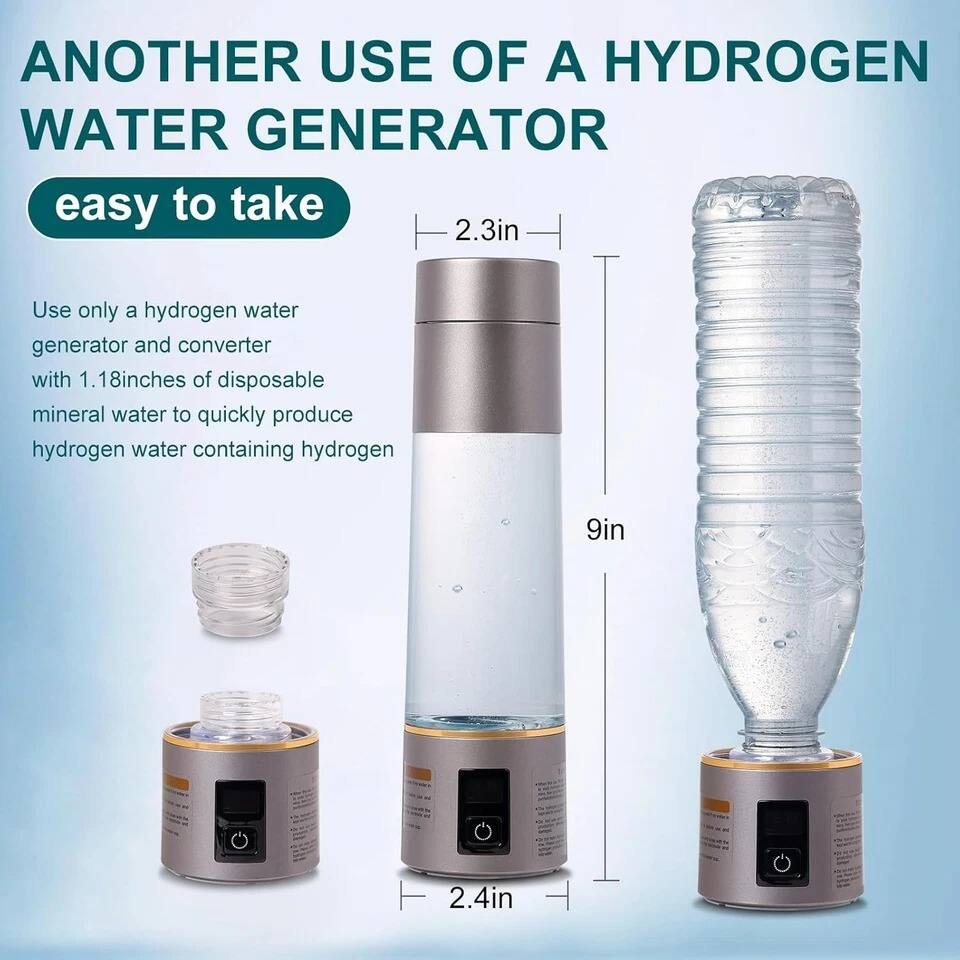 ANOTHER USE OF A HYDROGEN WATER GENERATOR

easy to take

Use only a hydrogen water generator and converter with 1.18 inches of disposable mineral water to quickly produce hydrogen water containing hydrogen.

- 2.3in
- 9in
- 2.4in