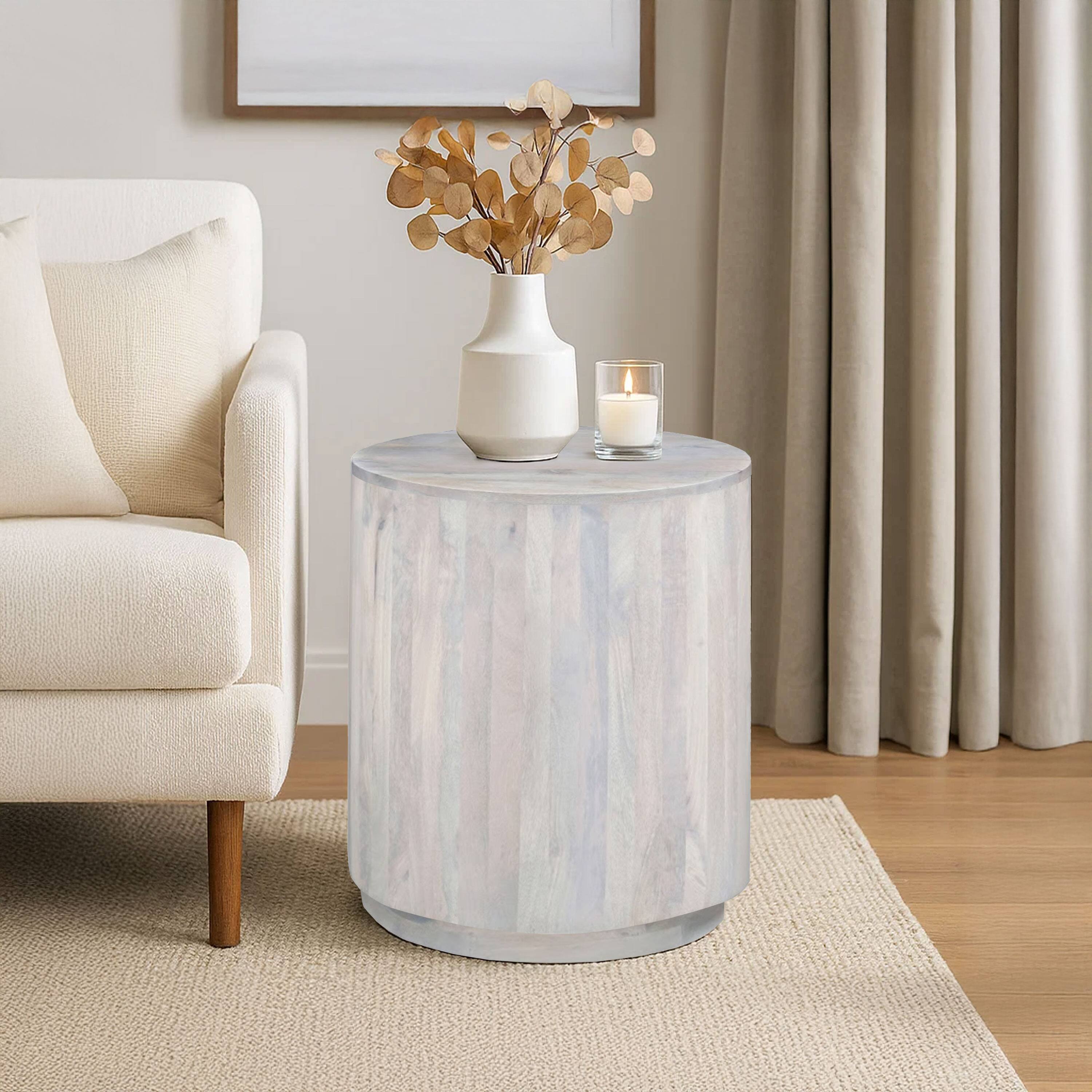 Alt View 5. Manhattan Lane - Febe Side End Accent Table, 20 Inch Round Top, Cylindrical Plinth Base, Oak White Mango Wood - Oak White.